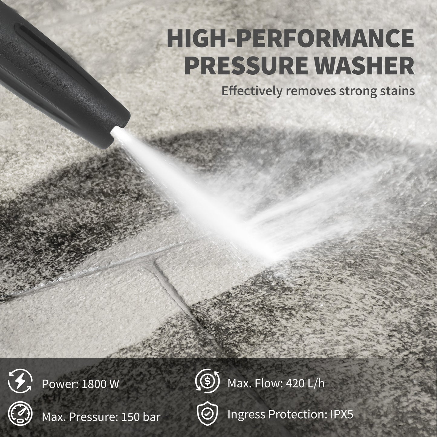 Outsunny 1800W High Pressure Washer, 150 Bar Pressure, 420 L/h Flow, Portable Electric Power Washer Jet Wash Cleaner with Adjustable Nozzle, 6M Hose, Steel Handle for Home Patio Car Driveway, Green