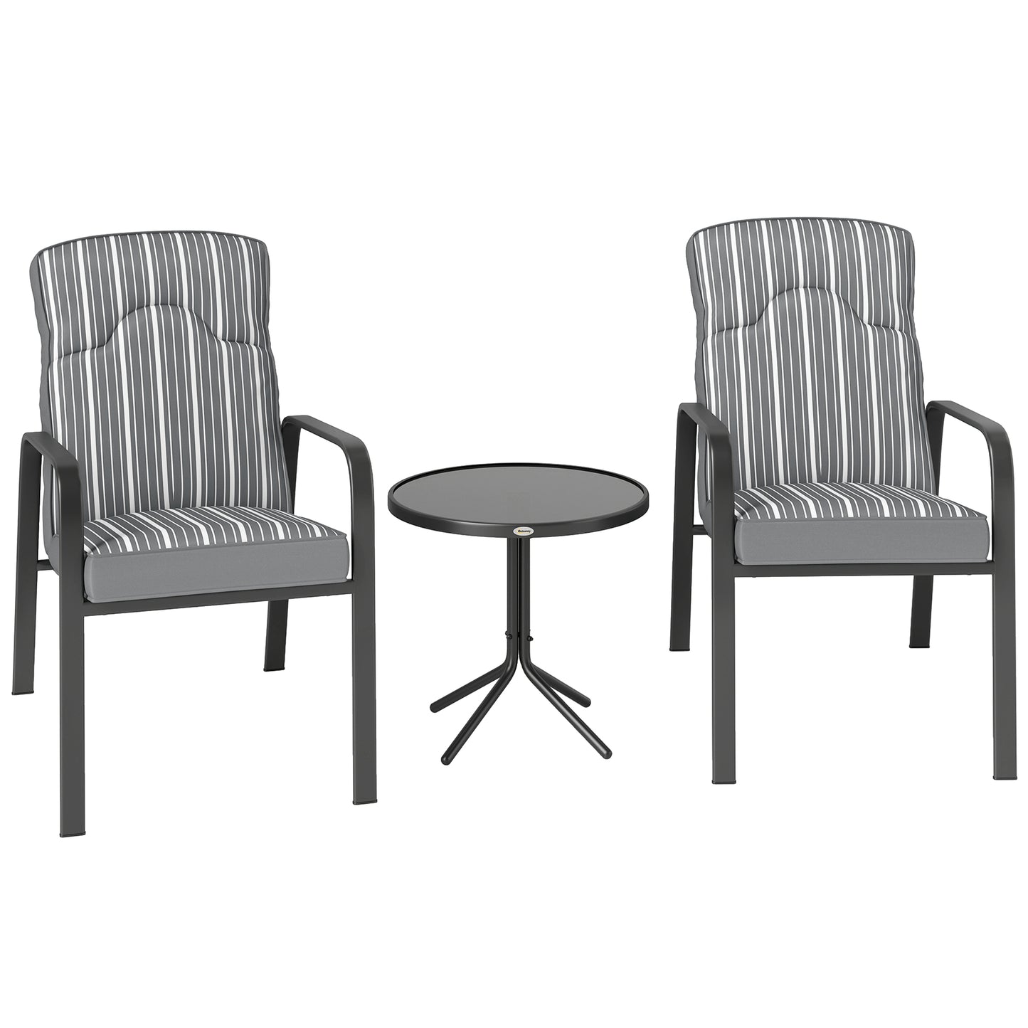 Outsunny 3-Piece Patio Bistro Set, 5-Position Adjustable Recliner Garden Chairs and Tempered Glass Table, Garden Furniture Set with Cushions, High Back, Armrests, Metal Frame for Balcony Patio, Grey