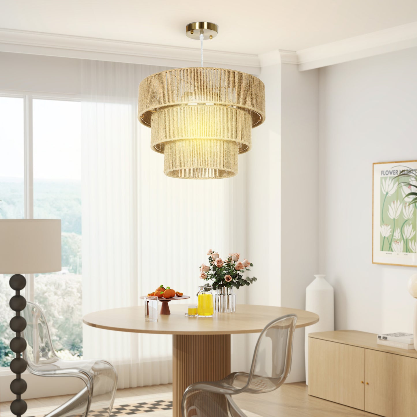 HOMCOM Hemp Rope Ceiling Light, 3-Layer Boho Pendant Light, E14 Vintage Ceiling Lamp Fixtures for Living Room, Bedroom, Kitchen, Hallway, Light Brown