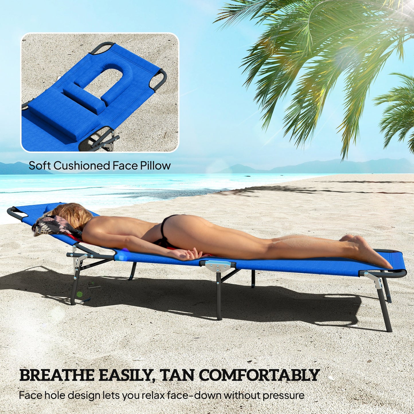 Outsunny Outdoor Folding Sun Lounger Set of 2 with Face Hole, 4 Level Adjustable Backrest Reclining Garden Lounger, Garden Recliner Sunbed with 600 D Oxford Cloth Seat and Pillow for Beach, Blue