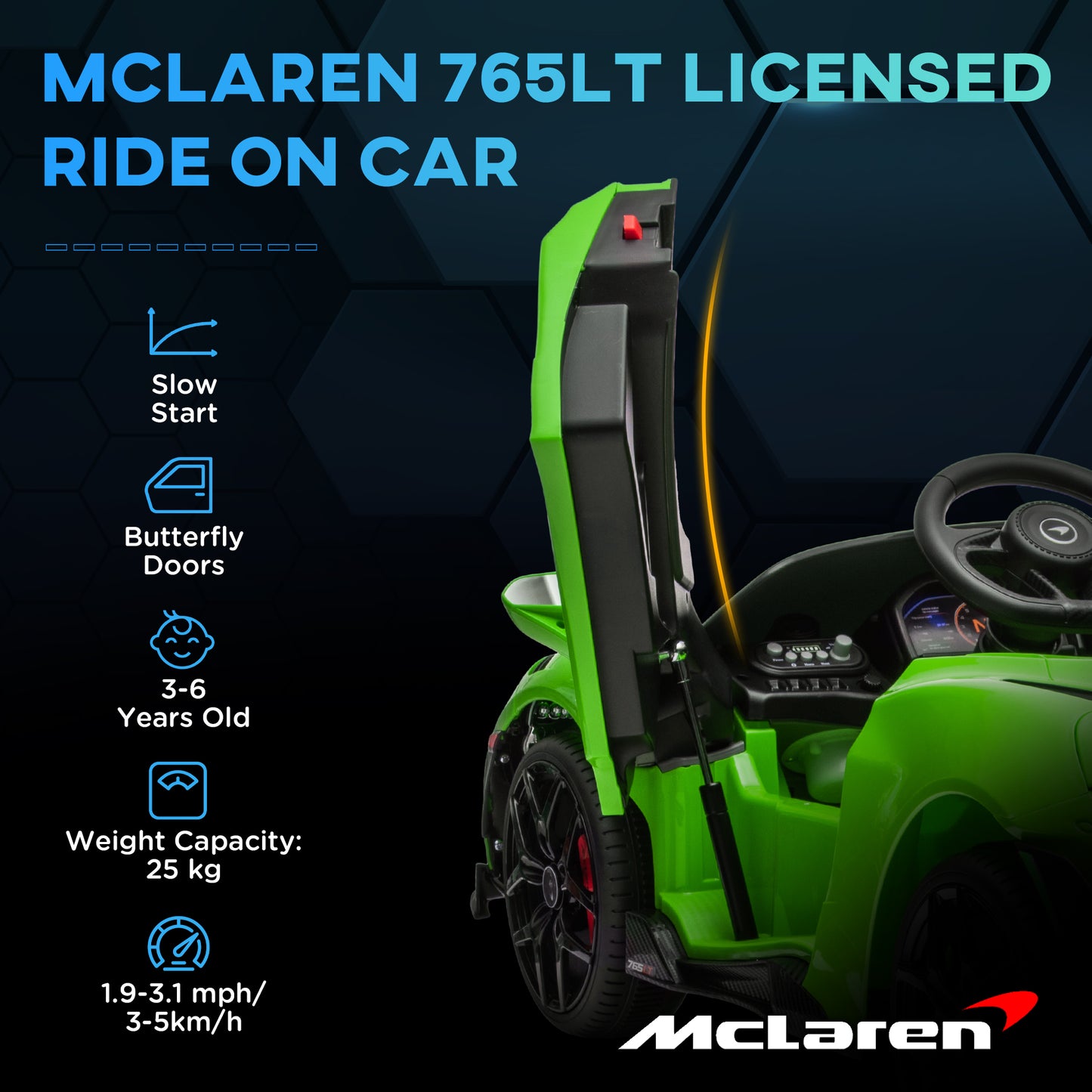 سيارة كهربائية للأطفال مرخصة من AIYAPLAY McLaren 765LT بقوة 12 فولت مع أبواب على شكل فراشة وجهاز تحكم عن بعد وعجلات نقل، باللون الأخضر