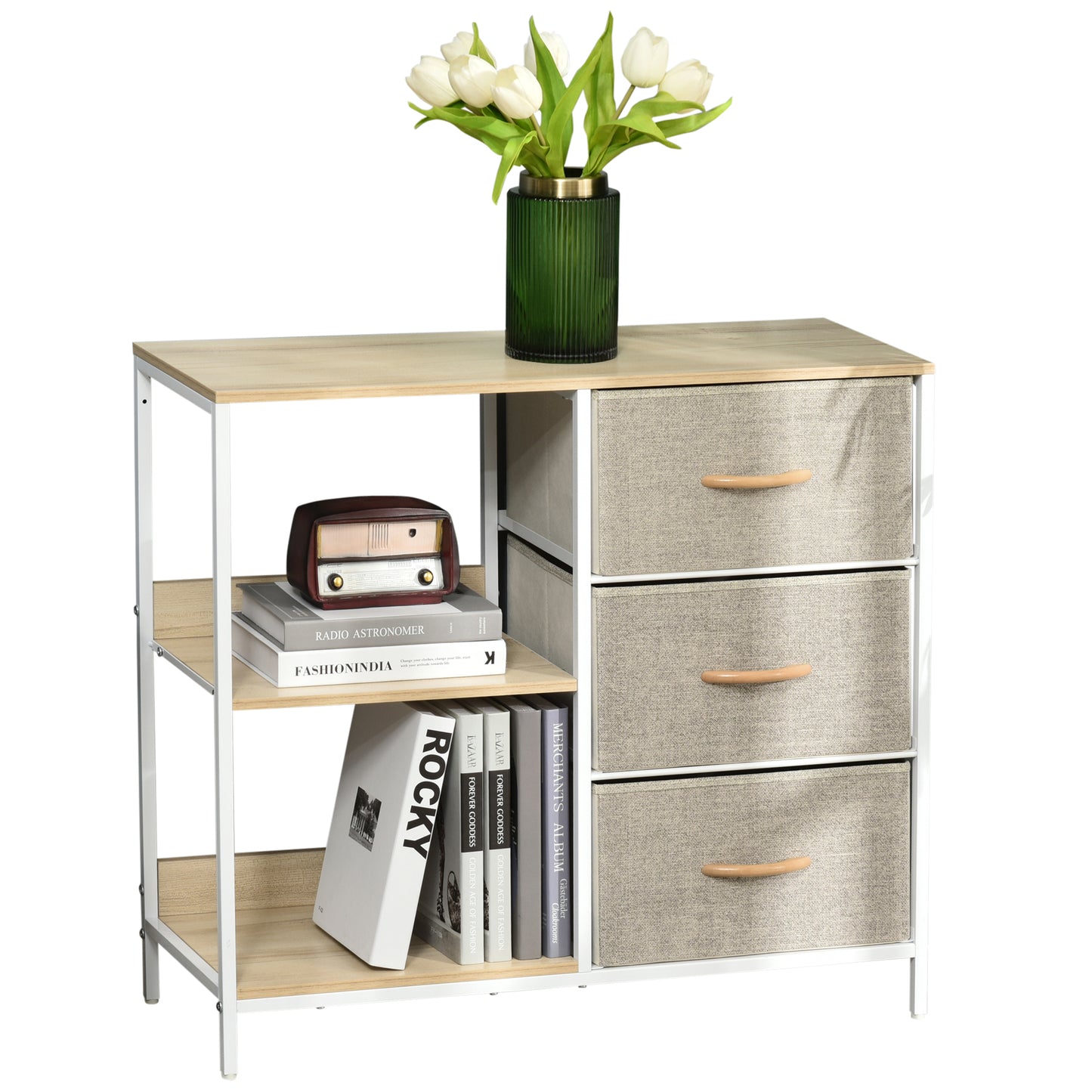 HOMCOM Chest of Drawers Storage Dresser Cabinet Organizer with 3 Fabric Drawers and 2 Display Shelves for Living Room, Bedroom, Hallway, Beige