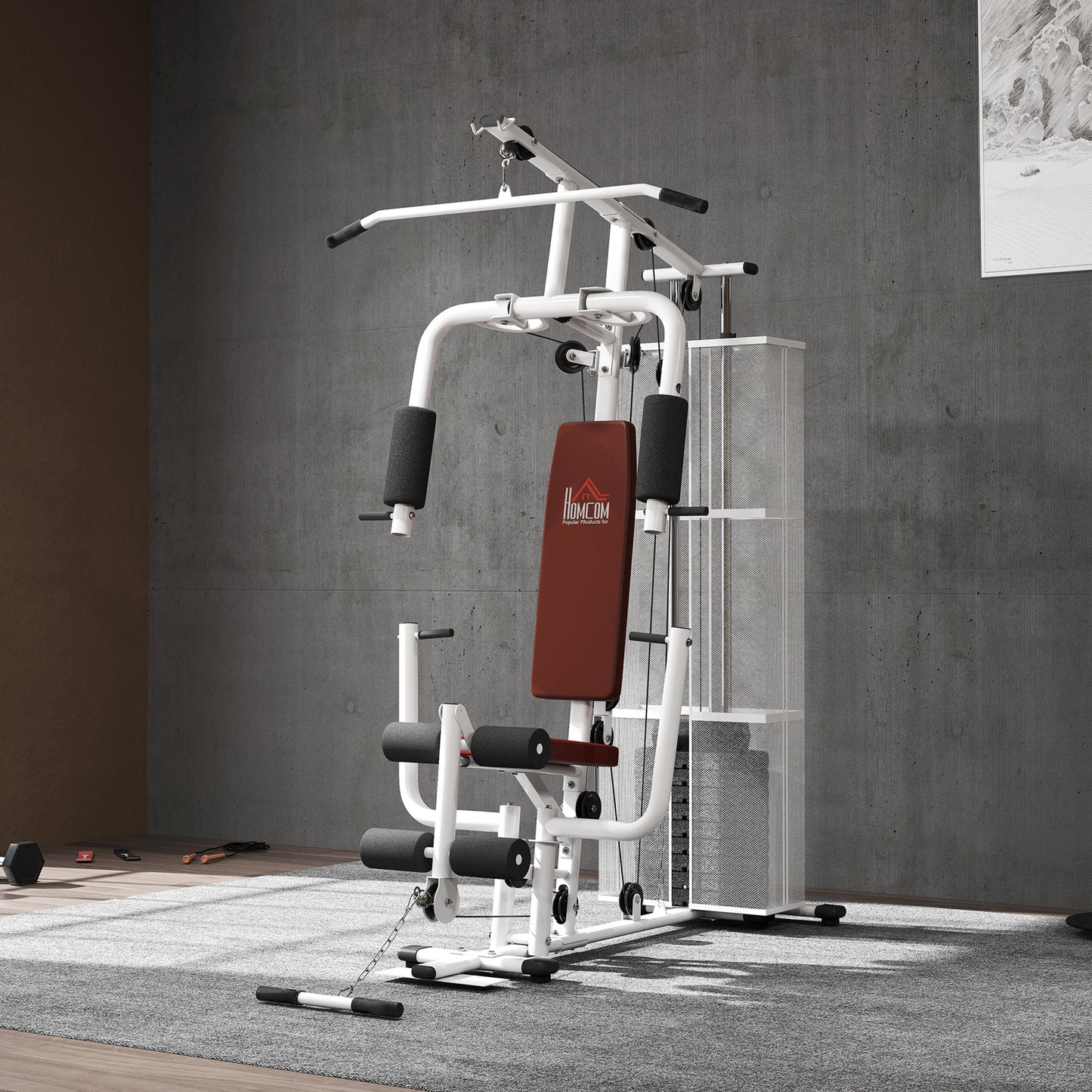 HOMCOM Multifunction Home Gym Weight Training Workout Station Fitness Strength Machine, White
