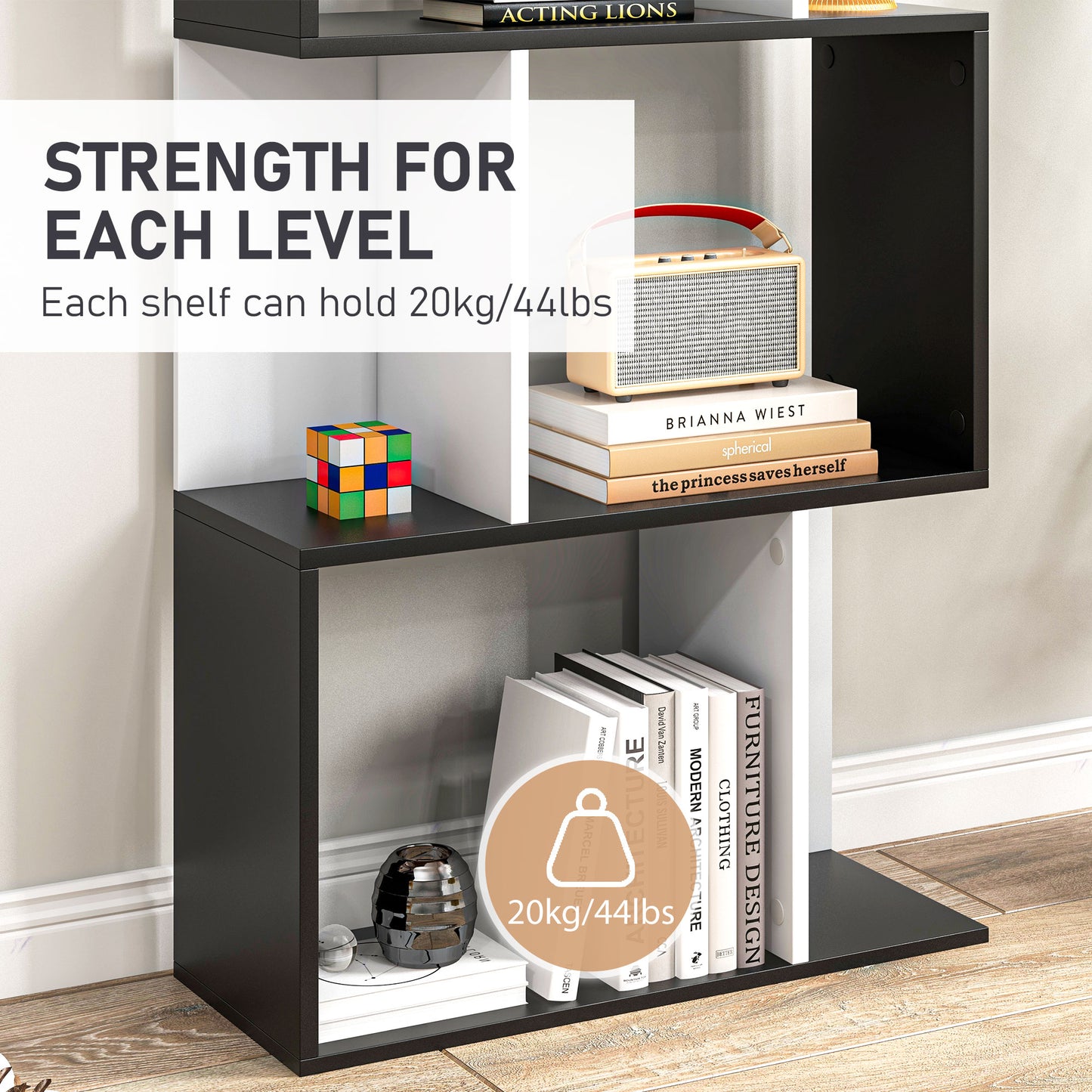 HOMCOM Bookcase, S-Shaped Wooden Bookshelf, 5/6 Tiers Freestanding Storage Shelf, Home Office Decorative Display Stand Rack, Black and White, 24D x 60W x 184.5H