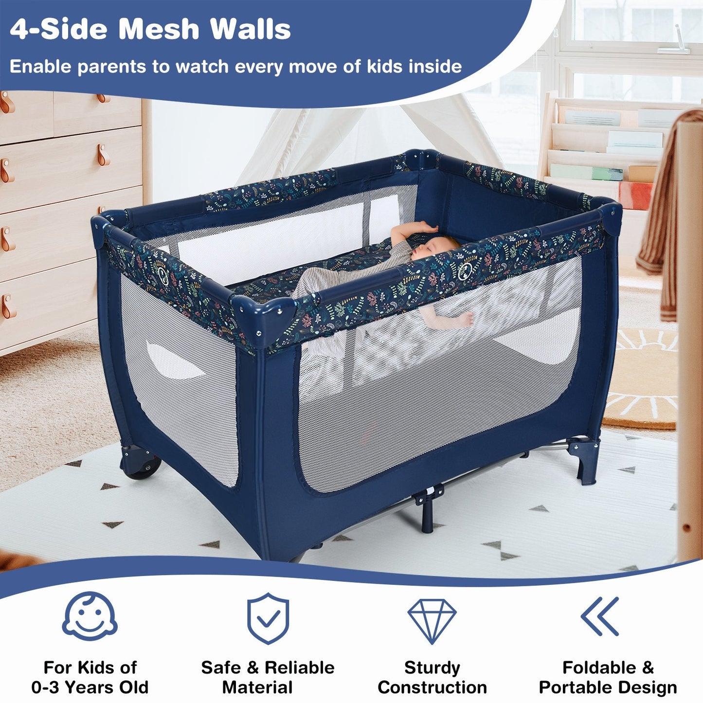 2-in-1 Foldable Baby Playpen with Lockable Wheels and Mattress-Blue