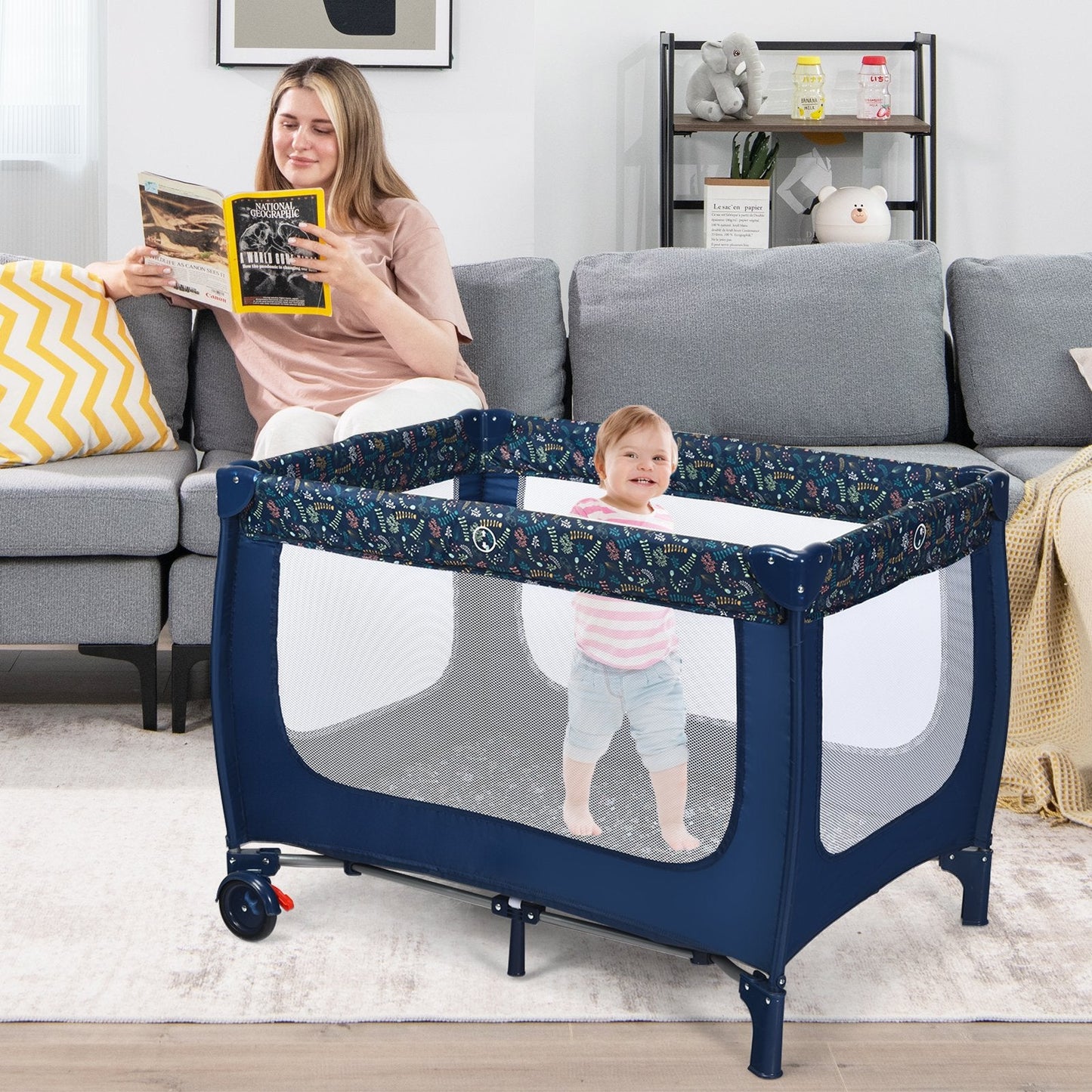 2-in-1 Foldable Baby Playpen with Lockable Wheels and Mattress-Blue