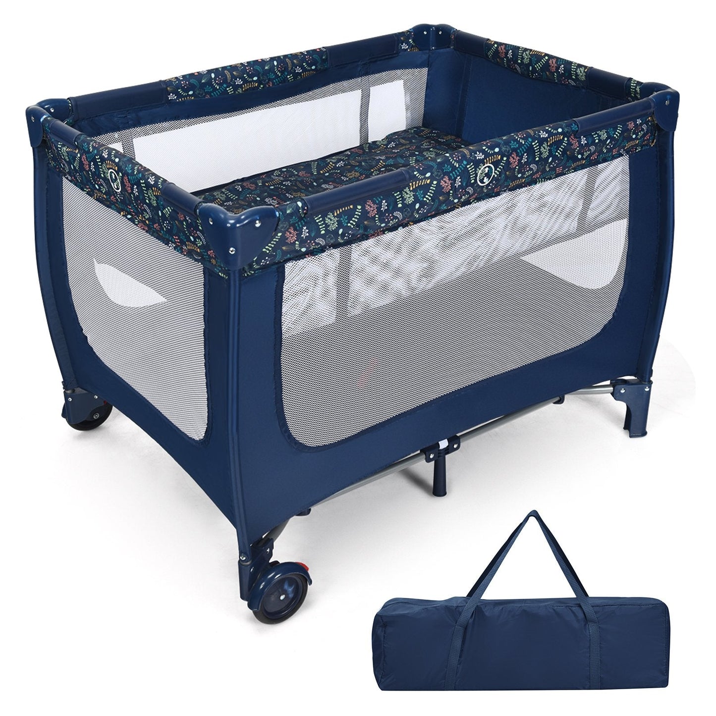 2-in-1 Foldable Baby Playpen with Lockable Wheels and Mattress-Blue