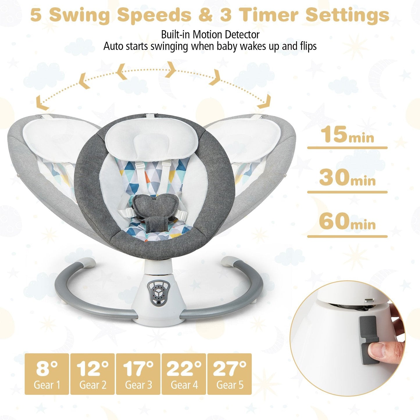 Baby Bouncer with 5 Swing Speeds and Built-in 17 Music for Newborn-Grey