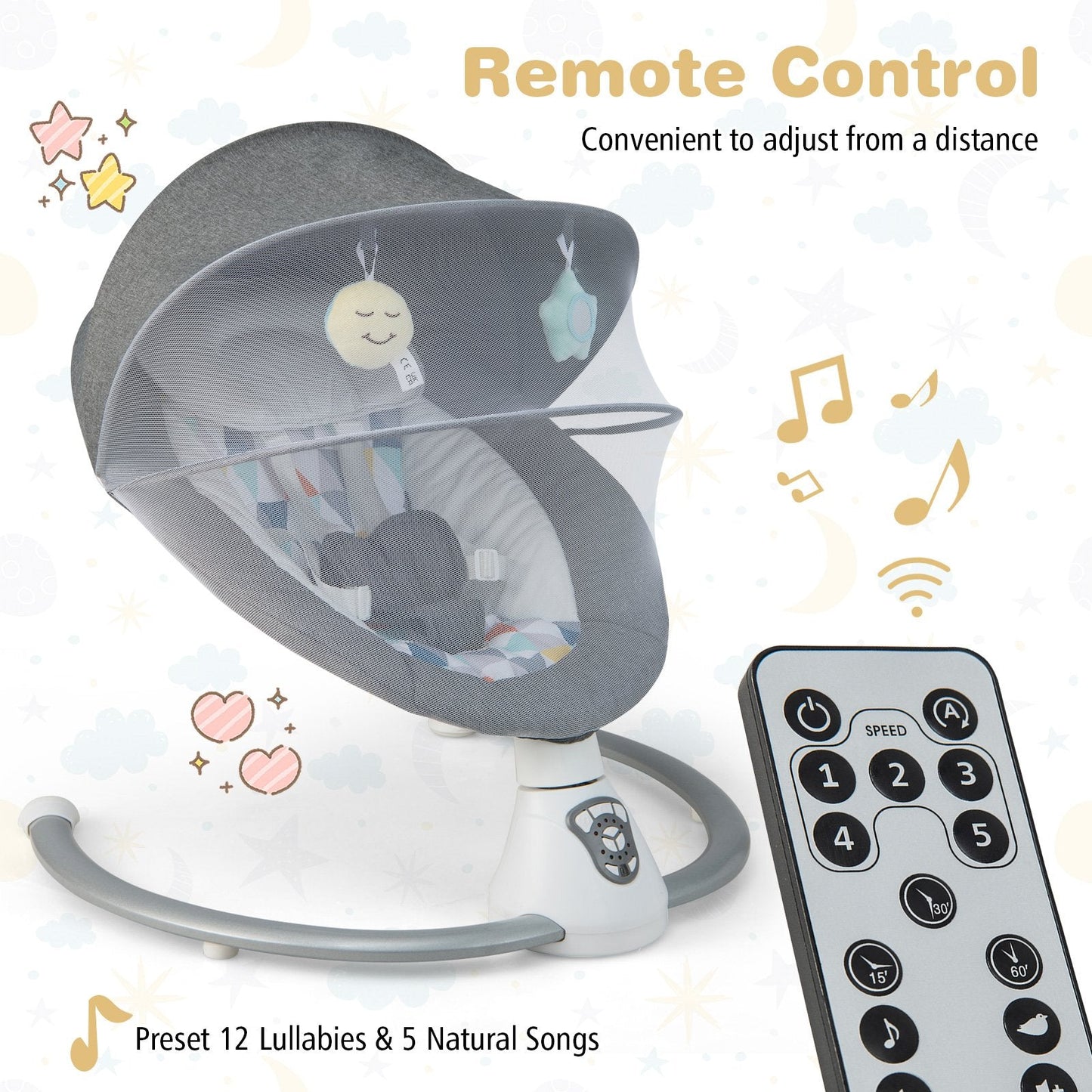 Baby Bouncer with 5 Swing Speeds and Built-in 17 Music for Newborn-Grey