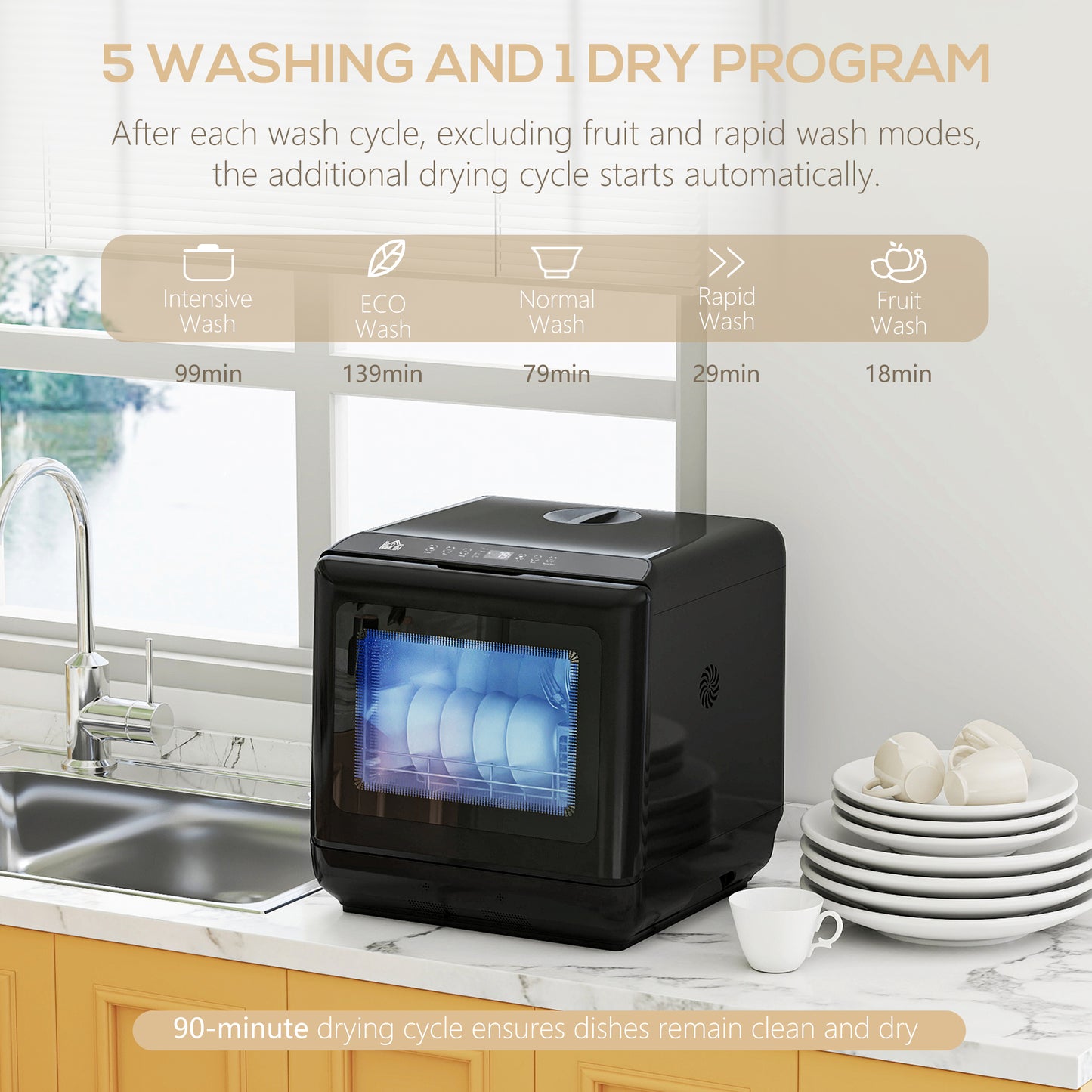 HOMCOM Table Top Dishwasher, Mini Countertop Dishwasher with Built-in 6L Water Tank, 6 Programs, Touch Control, LED Display, 4 Place Settings, Dual Water Supply and Air Drying Function, Black