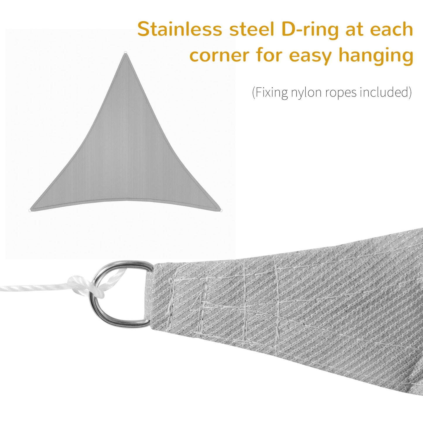 Outsunny 4x4x4m Triangle Sun Shade Sail, Outdoor UV Protection HDPE Canopy, Patio Deck Shelter with Steel Rings and Ropes, Grey