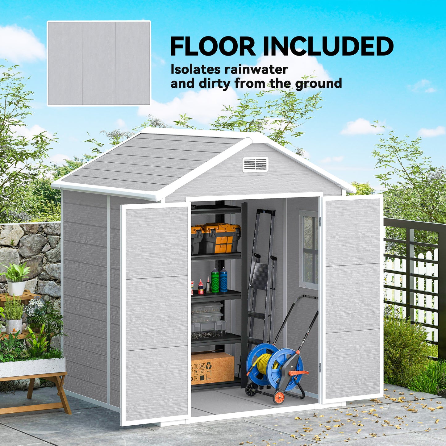 Outsunny 6 x 5ft Garden Shed, Plastic Shed with Floor, Window, Lockable Doors and Vents, Wood Effect Resin Tool Shed for Outdoor Patio, Light Grey