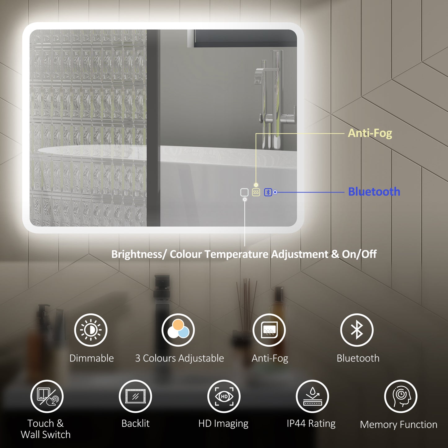 مرآة حمام LED من هومكوم، مقاس 80 × 60 سم، مزودة بتقنية البلوتوث - لون فضي