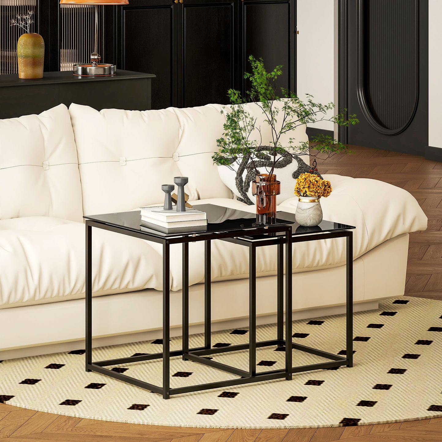 HOMCOM Nest of Tables, Set of 2 Coffee Table, Side Tables with Tempered Glass Desktop and Metal Frame for Living Room, Bedroom, Office, Black