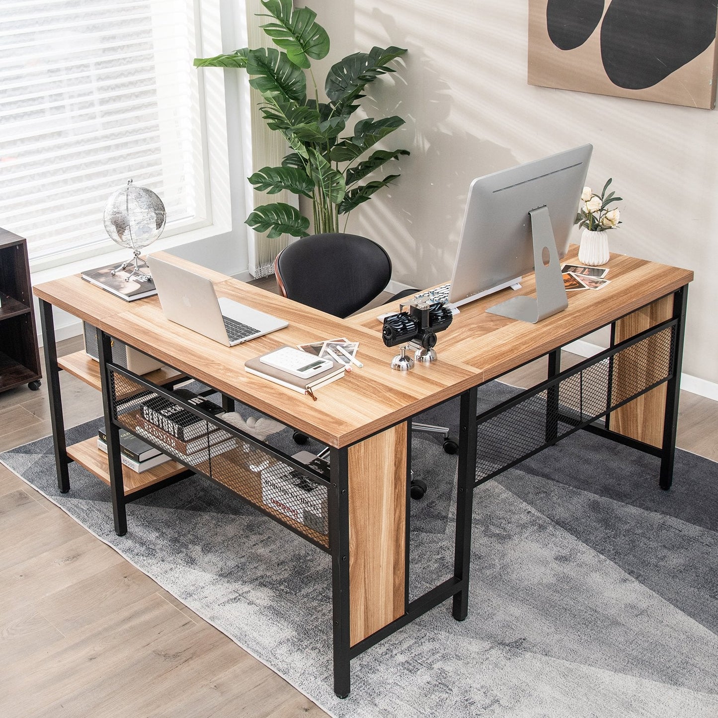 150 x 140 x 75cm Large Corner L-Shaped Computer Desk with 3 Storage Shelves-Oak