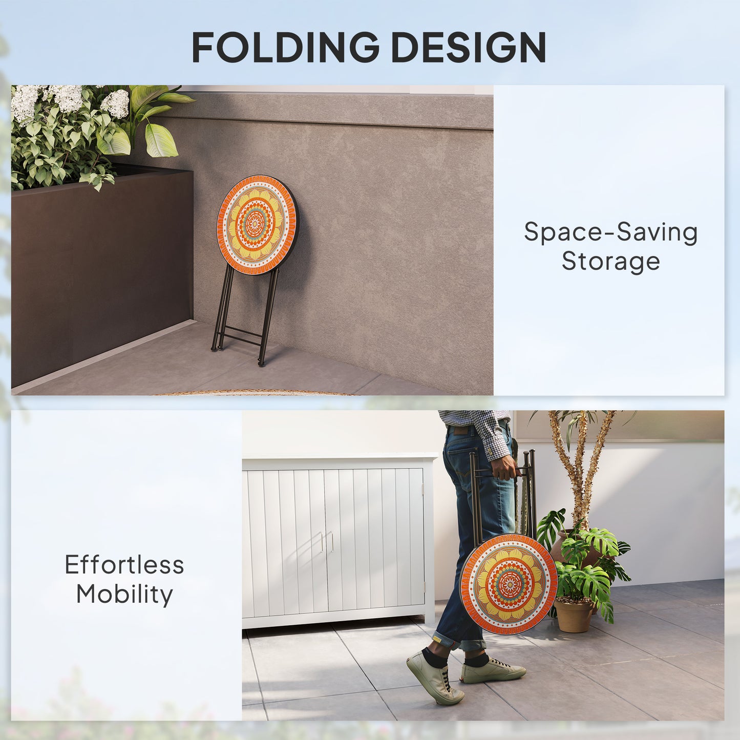 طاولة خارجية للحديقة من Outsunny Mosaic، طاولة قهوة مستديرة قابلة للطي مقاس 35.5 سم بإطار معدني للشرفة والتراس، برتقالية