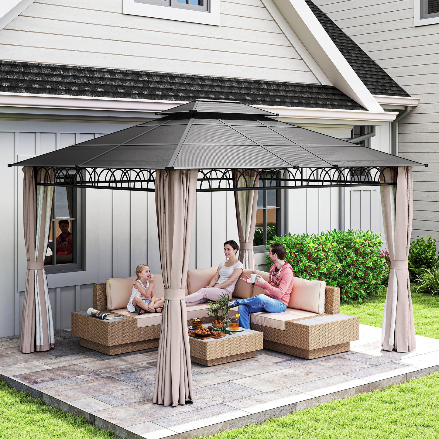 Outsunny 3.6 x 3 (m) Outdoor Polycarbonate Gazebo, Double Roof Hard Top Gazebo with Nettings & Curtains for Garden, Lawn, Patio