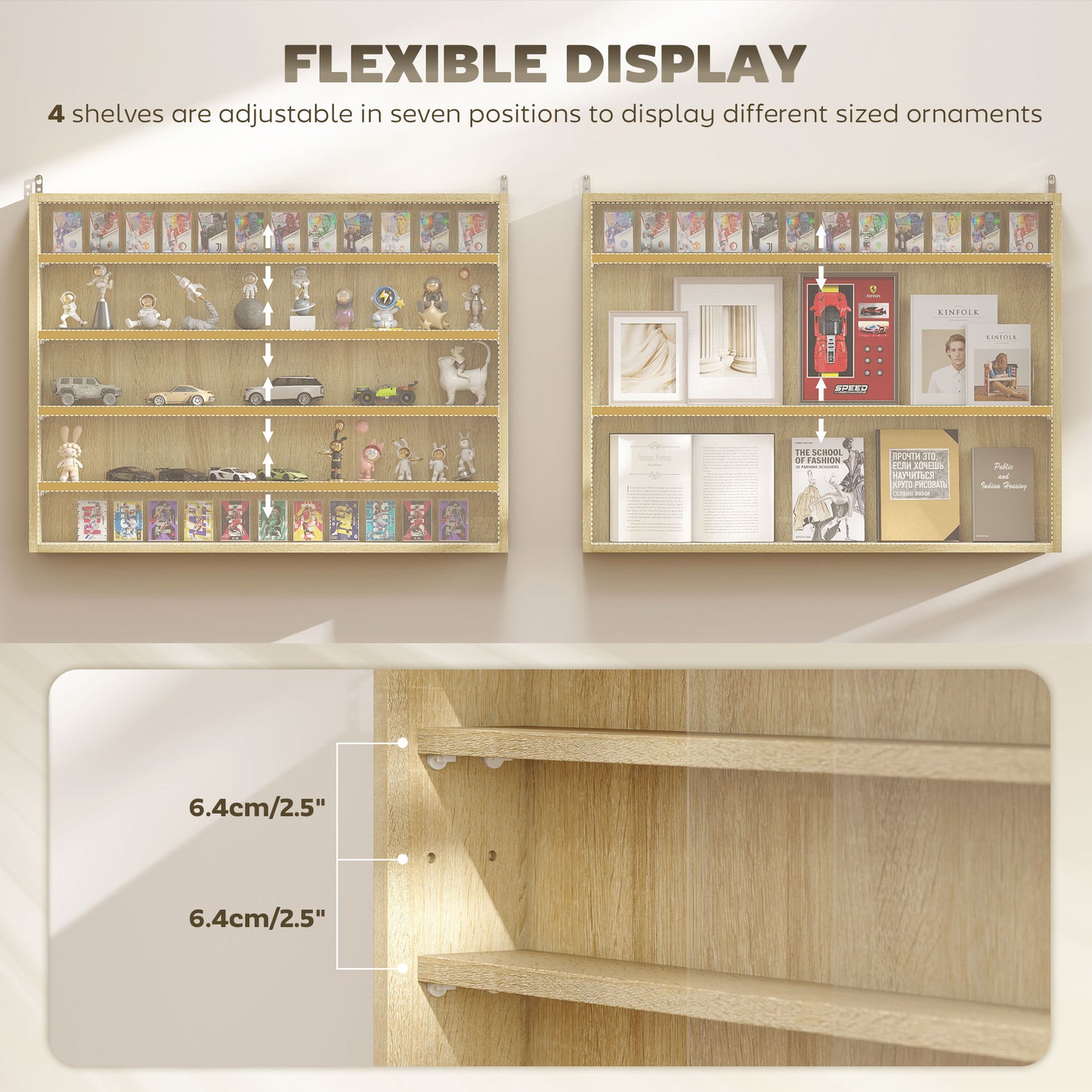 HOMCOM 5-Tier Wall Display Shelf Unit Cabinet w/ 4 Adjustable Shelves Glass Doors Home Office Ornaments 60x80cm Oak