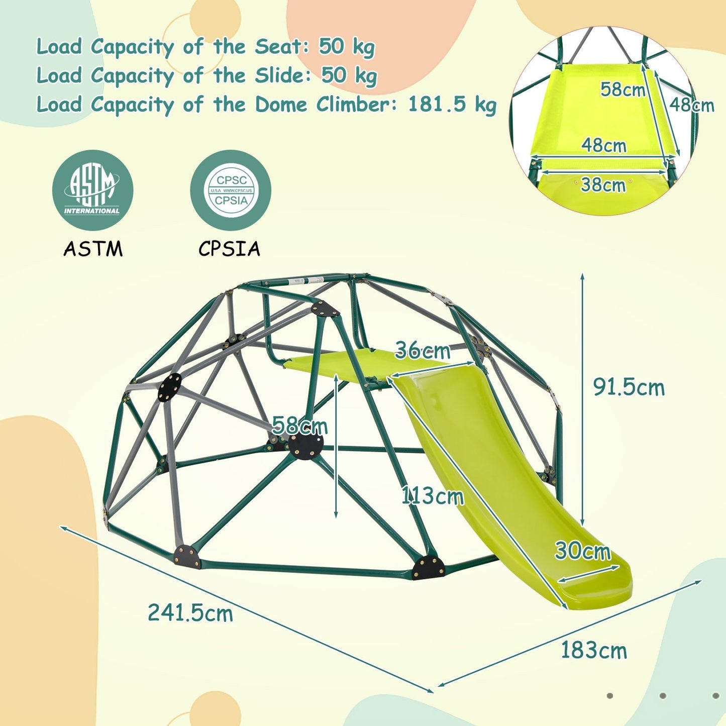 Geometric Dome Climber with Slide and Fabric Cushion-Grey