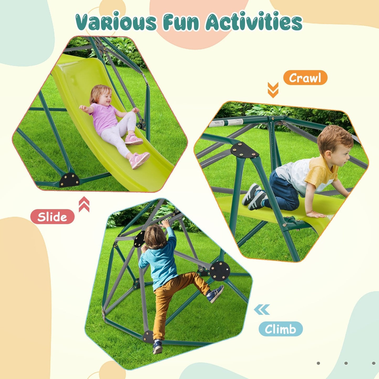 Geometric Dome Climber with Slide and Fabric Cushion-Grey