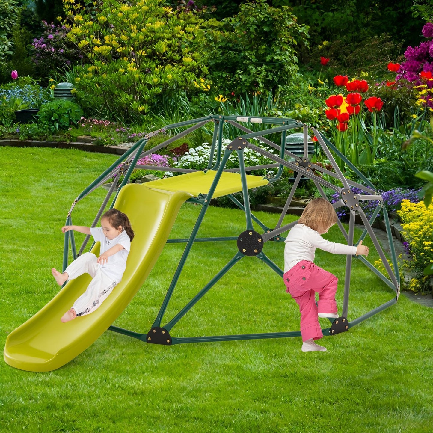 Geometric Dome Climber with Slide and Fabric Cushion-Grey
