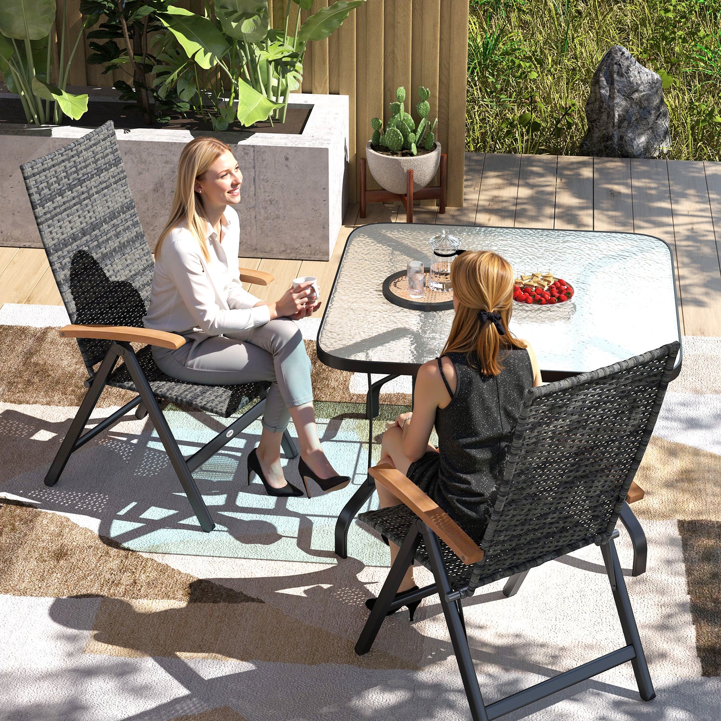 Outsunny 2 Pieces Outdoor Foldable Dining Chair with Armrests, High Backrest, for Garden, Camping, Balcony, Mixed-grey