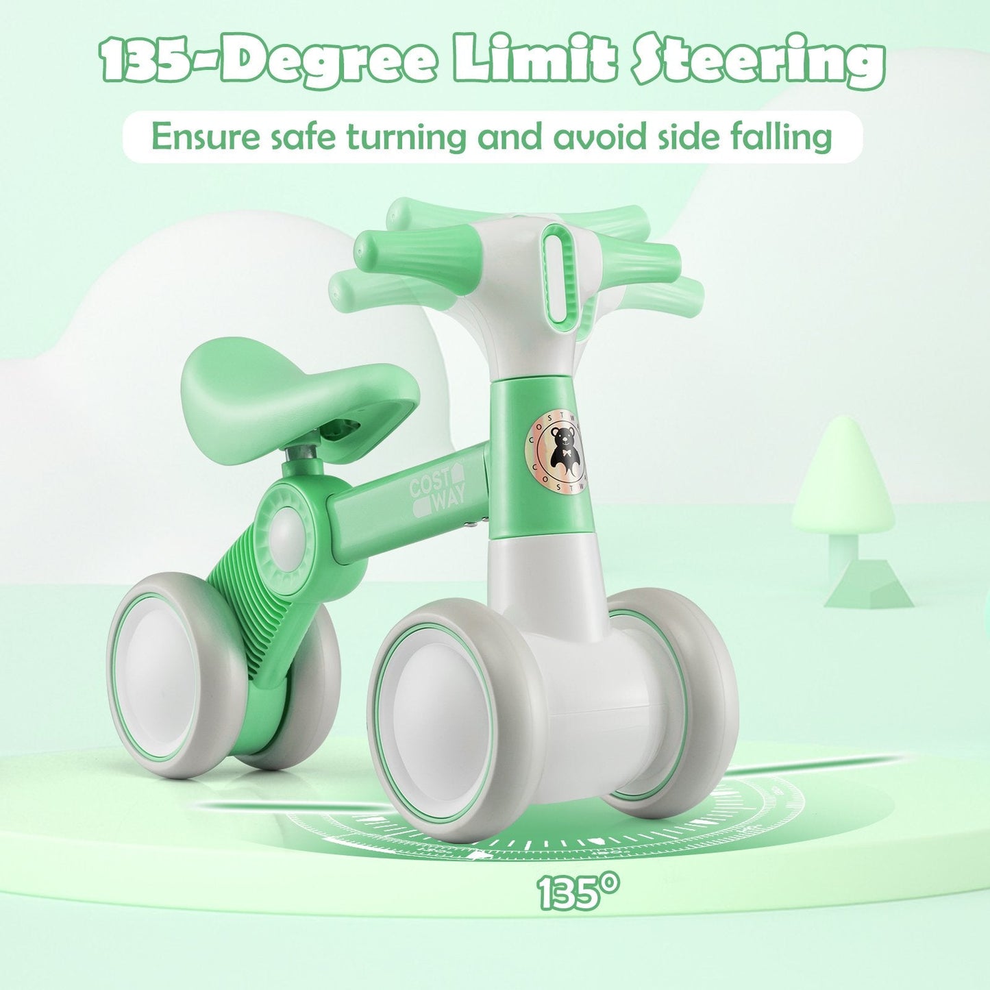 Cute Baby Balance Bike 4 Wheels with Steering Handlebars No Pedal-Green