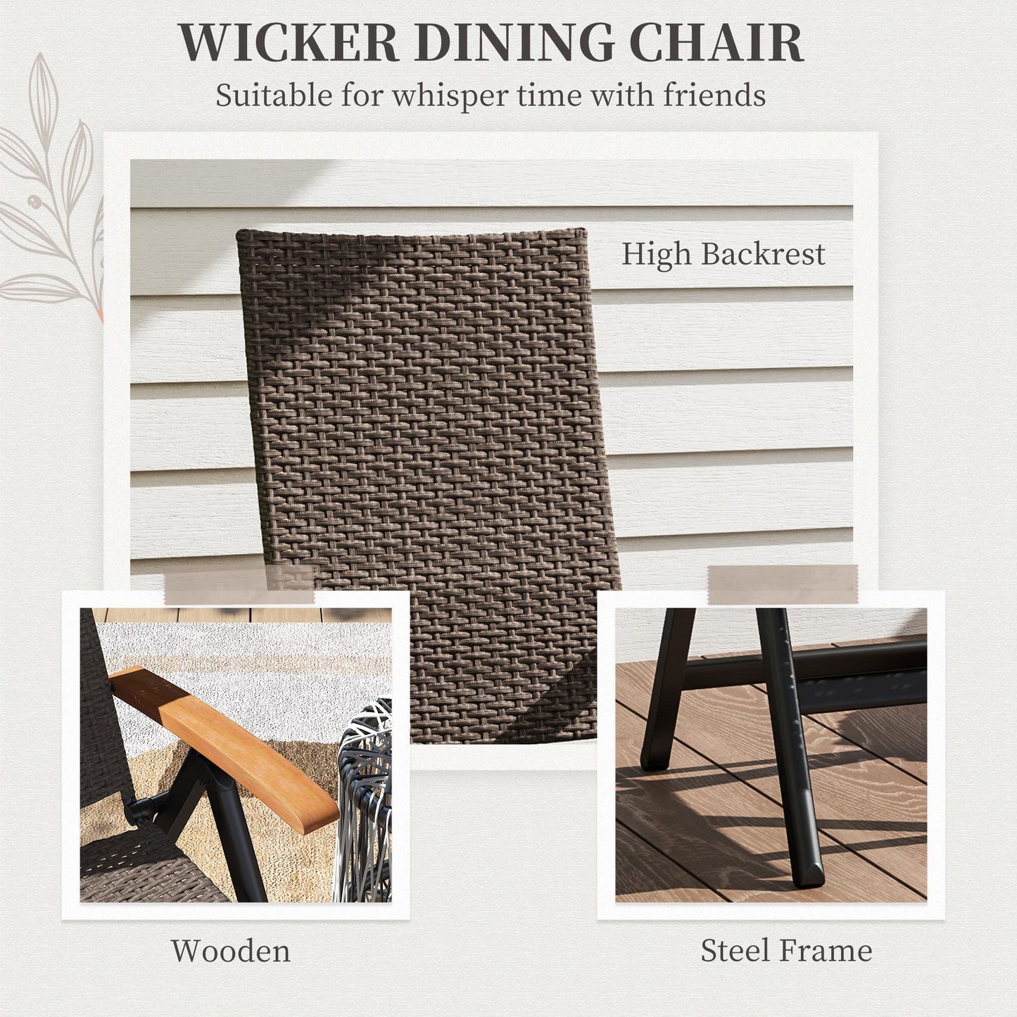 Outsunny Outdoor Folding Rattan Chair with Armrests, High Backrest, for Garden, Camping, Balcony, Porch - Brown