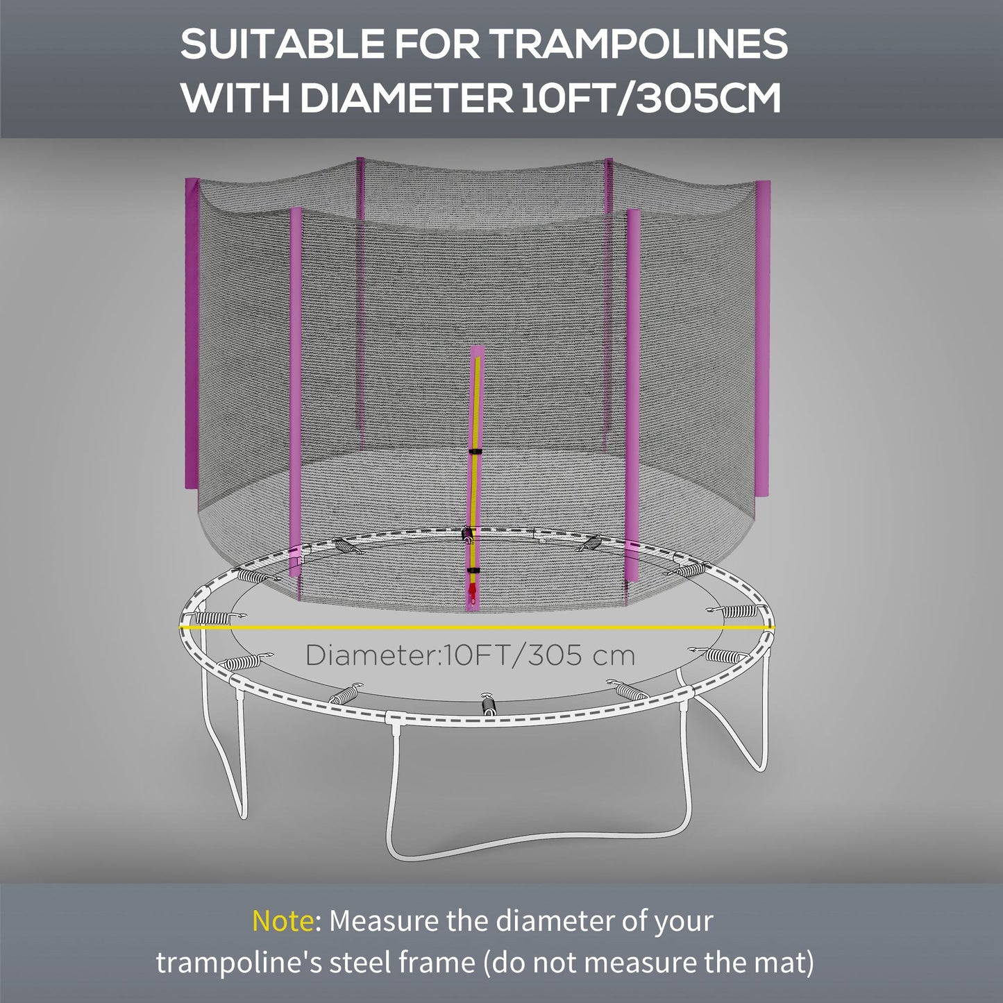 SPORTNOW 10ft Trampoline Net Replacement with 6 Plastic Pole Covers, Weather-Resistant Trampoline Netting Replacement with Zipped Entrance, Poles Not Included, Pink