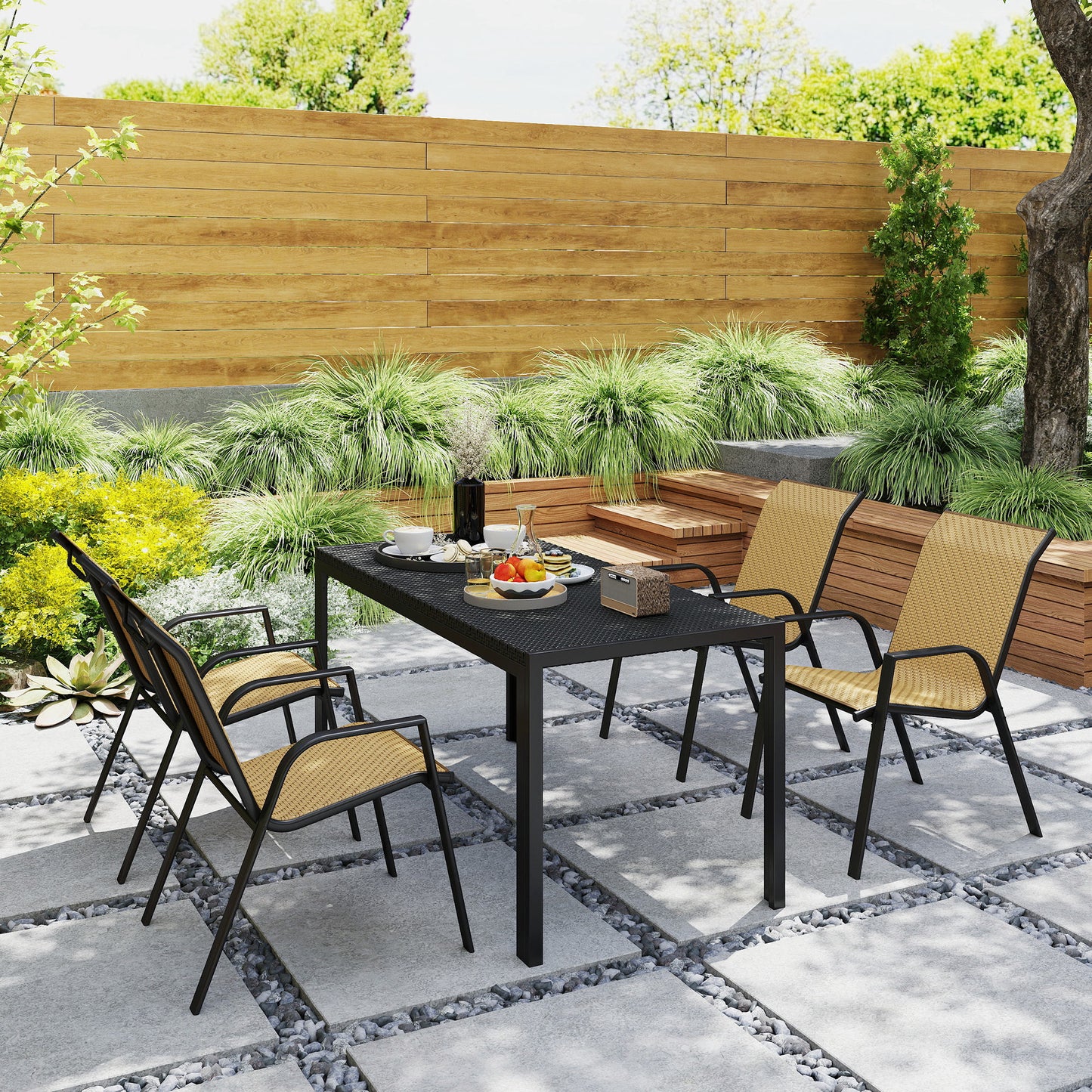 Outsunny Four-Piece Stacking Rattan Garden Seat Set - Khaki