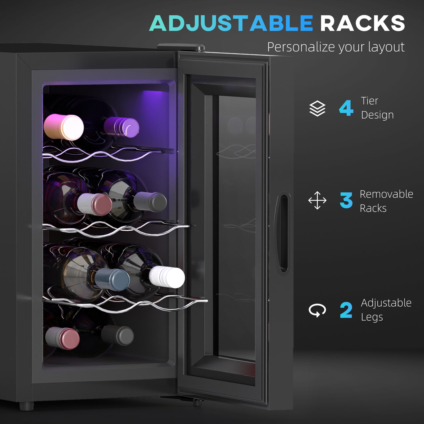 HOMCOM Mini Table Top Wine Fridge, 8 Bottle, 17L, 8-18℃, 26.5cm Quiet Under Counter Wine Cooler Fridge with Glass Door, LED Light, Digital Touch Screen, Temperature Control