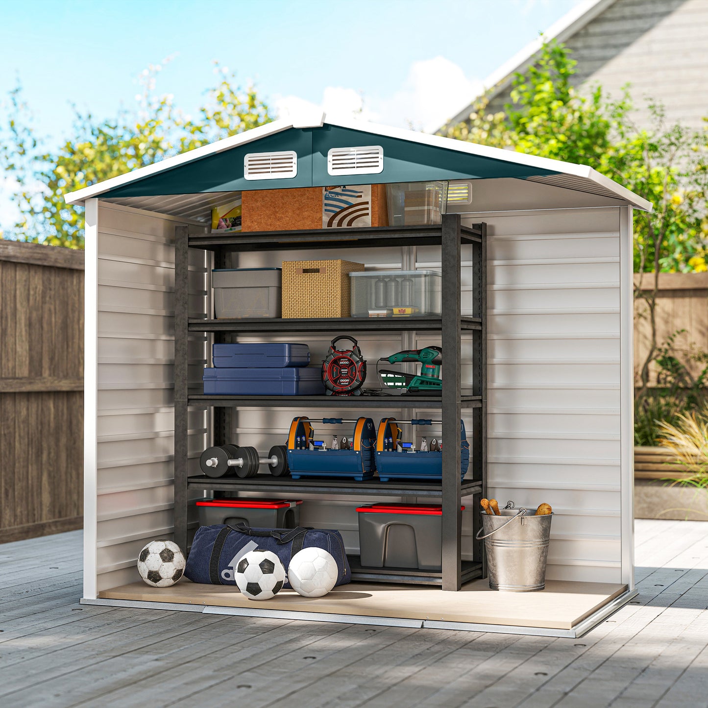 Outsunny 7 x 4ft Garden Shed, Easy to Assemble, Upgraded Galvanised Steel Frame with Foundation Kit, Double Doors with Lock, Outdoor Metal Shed with Vents and Gloves, Garden Storage Shed, Green