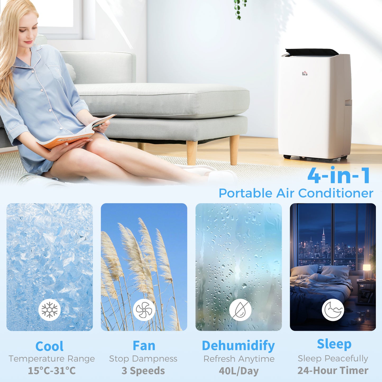 HOMCOM Portable Air Conditioner 14000 BTU, 4-in-1 Air Conditioning Unit, Dehumidifier, Cooling, Fan, Sleep Mode with 3 Speeds, Remote Control, LED Display, 24H Timer, Window Kit, Children Lock, 40m²