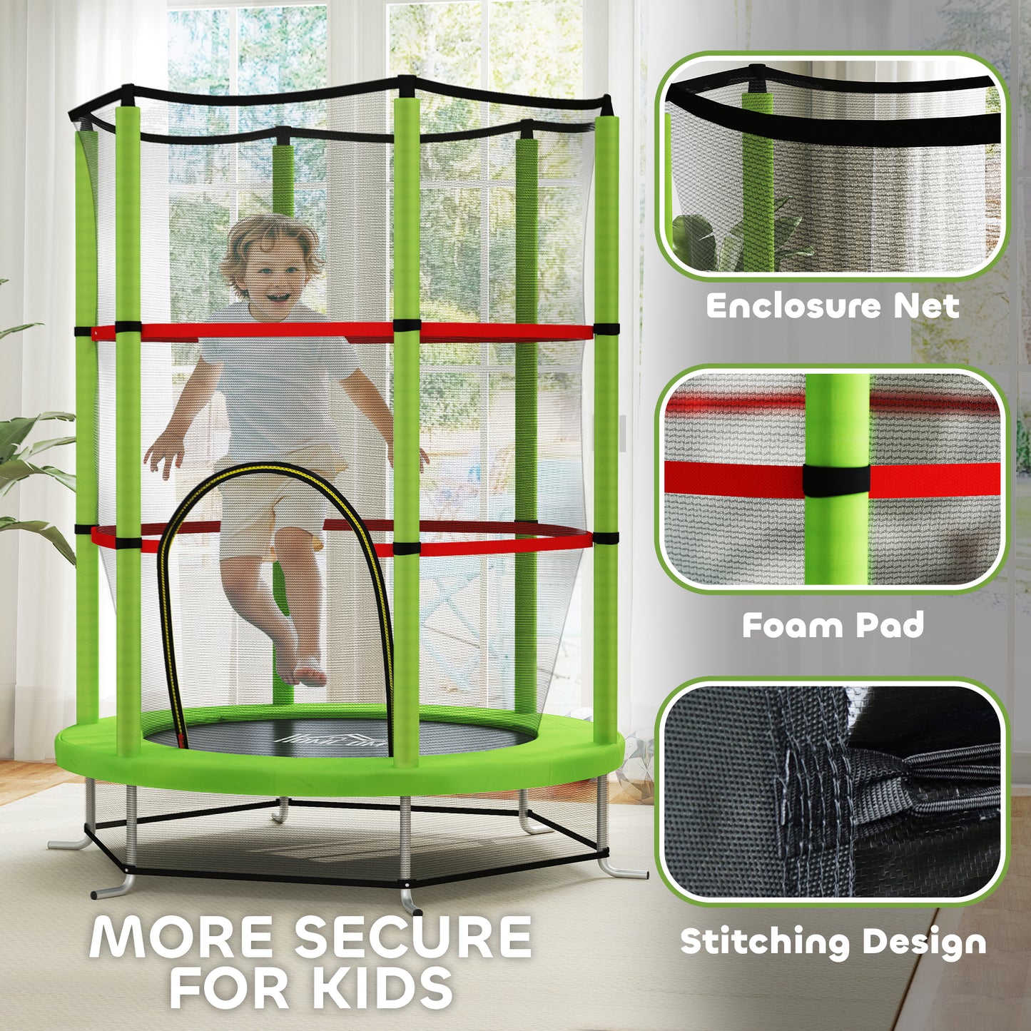 HOMCOM Kids Trampoline, with Enclosure Net, Steel Frame, for Ages 3-6 Years - Green