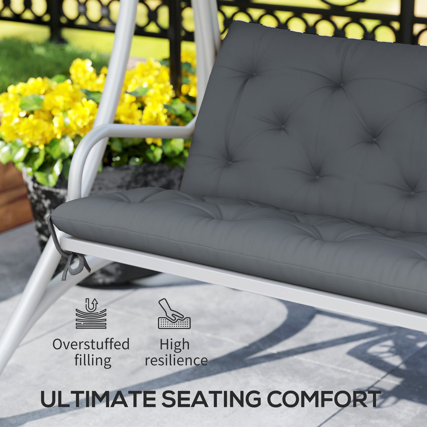 Outsunny 3 Seater Bench Cushion, Garden Chair Cushion with Back and Ties for Indoor and Outdoor Use, 98 x 150 cm, Dark Grey