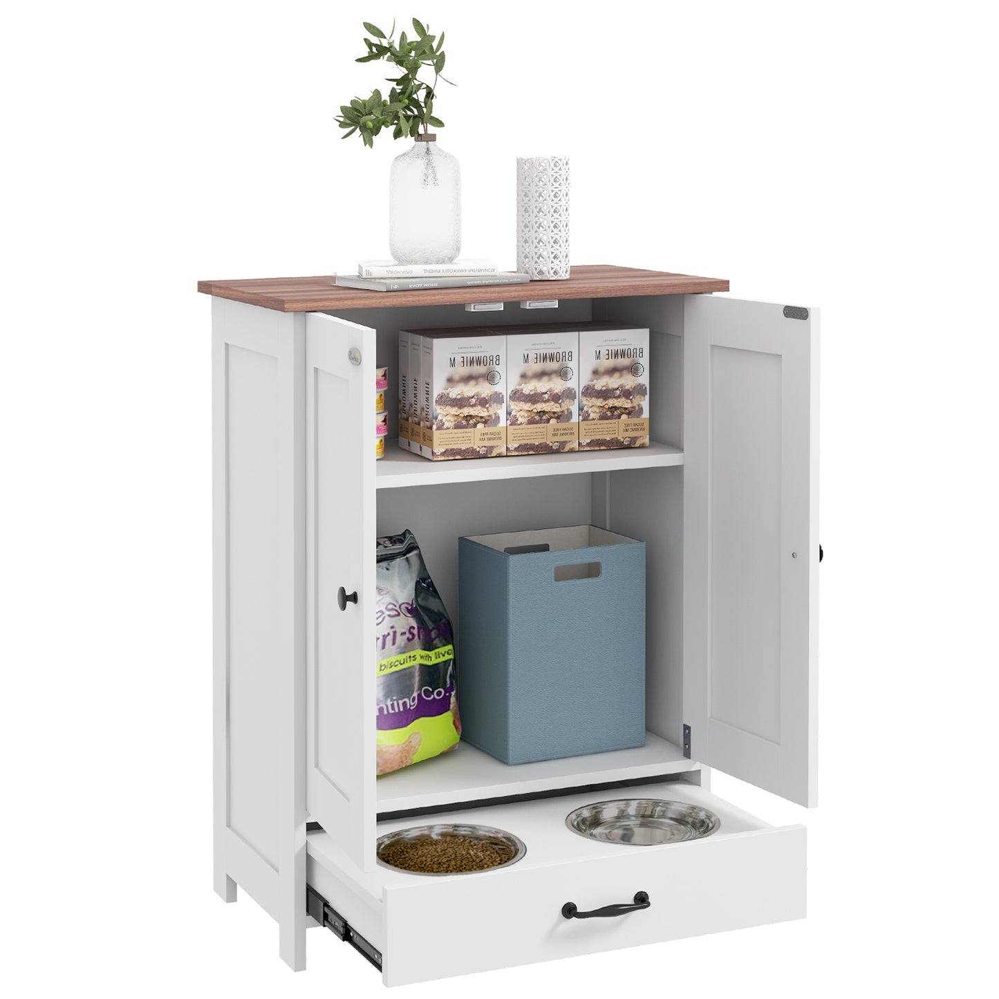 PawHut Pet Feeding Station with Raised Dog Bowls, Adjustable Panel, Hooks, Dog Food Storage Cabinet, White