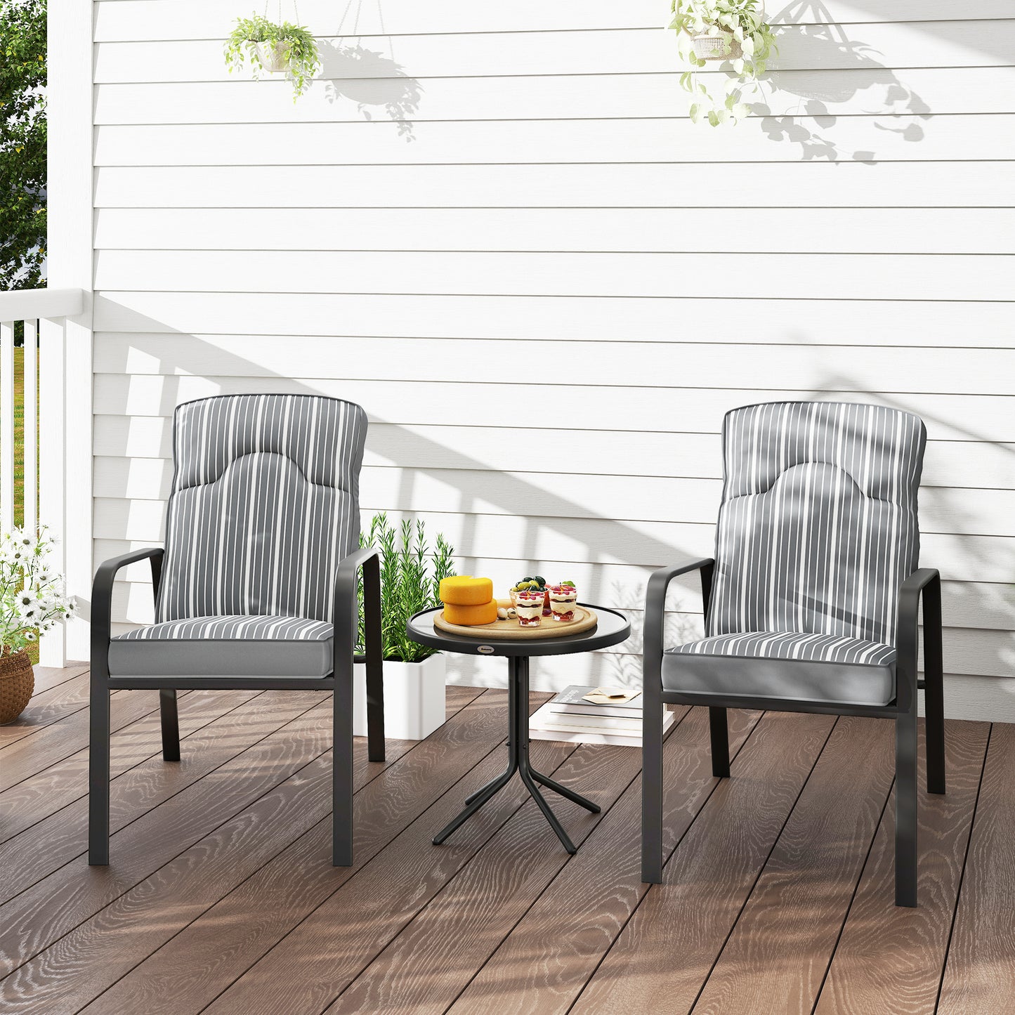 Outsunny 3-Piece Patio Bistro Set, 5-Position Adjustable Recliner Garden Chairs and Tempered Glass Table, Garden Furniture Set with Cushions, High Back, Armrests, Metal Frame for Balcony Patio, Grey