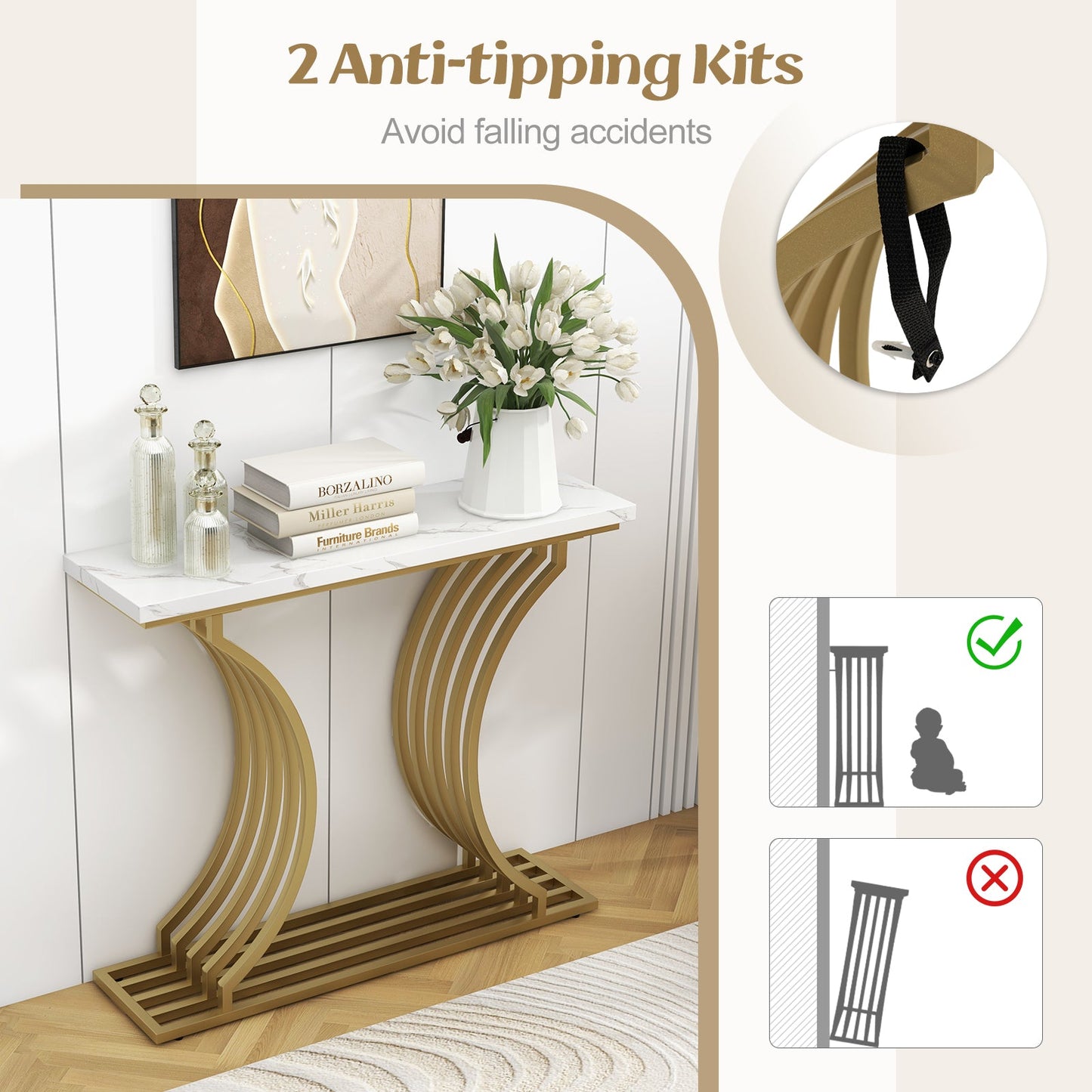 Gold Entryway Table with White Faux Marble Tabletop-White