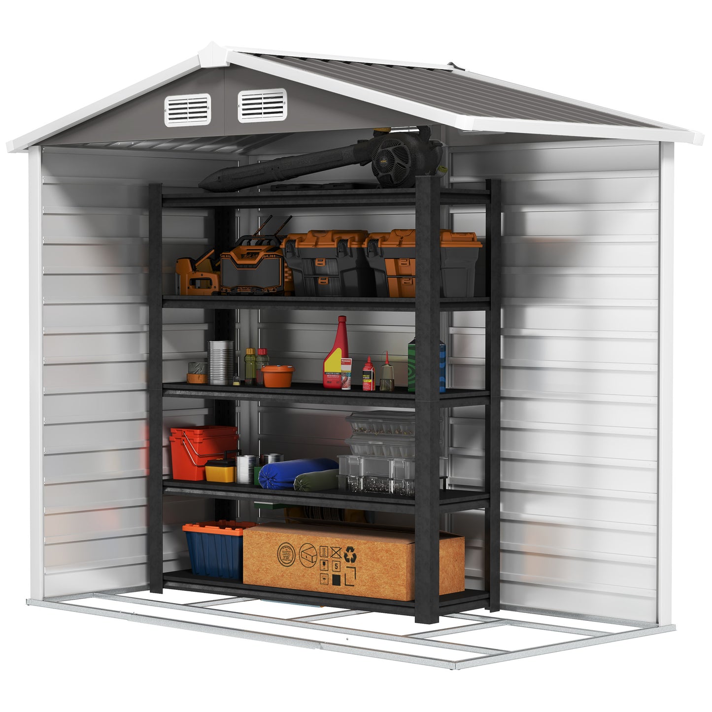 Outsunny 7 x 4ft Garden Shed, Easy to Assemble, Upgraded Galvanised Steel Frame with Foundation Kit, Double Doors with Lock, Outdoor Metal Shed with Vents and Gloves, Garden Storage Shed, Light Grey