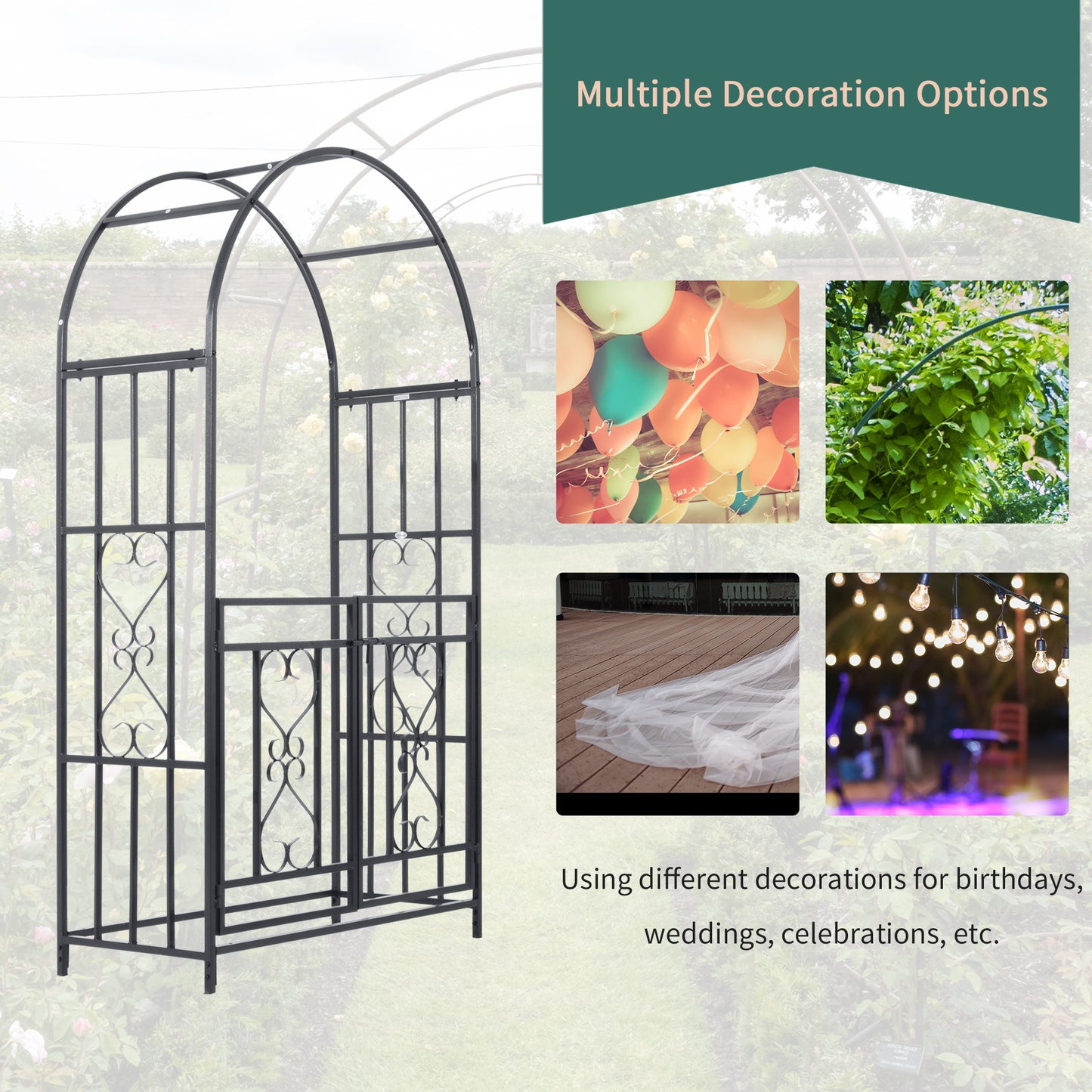 Outsunny Outdoor Garden Arch with Double Gates, Metal Garden Arbor for Climbing Plants, Roses, Vines, Wedding Arch for Outdoor, 114L x 50W x 206H cm, Dark Grey