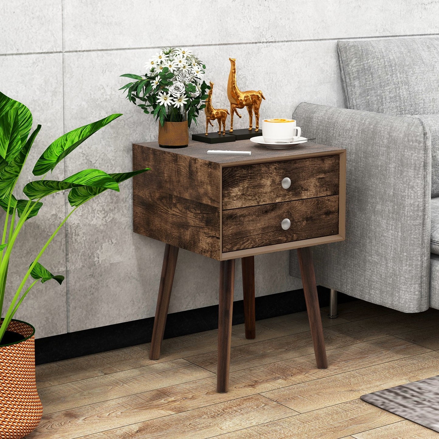 Wooden Nightstand with 2 Storage Drawers and Rubber Wood Legs-Rustic Brown