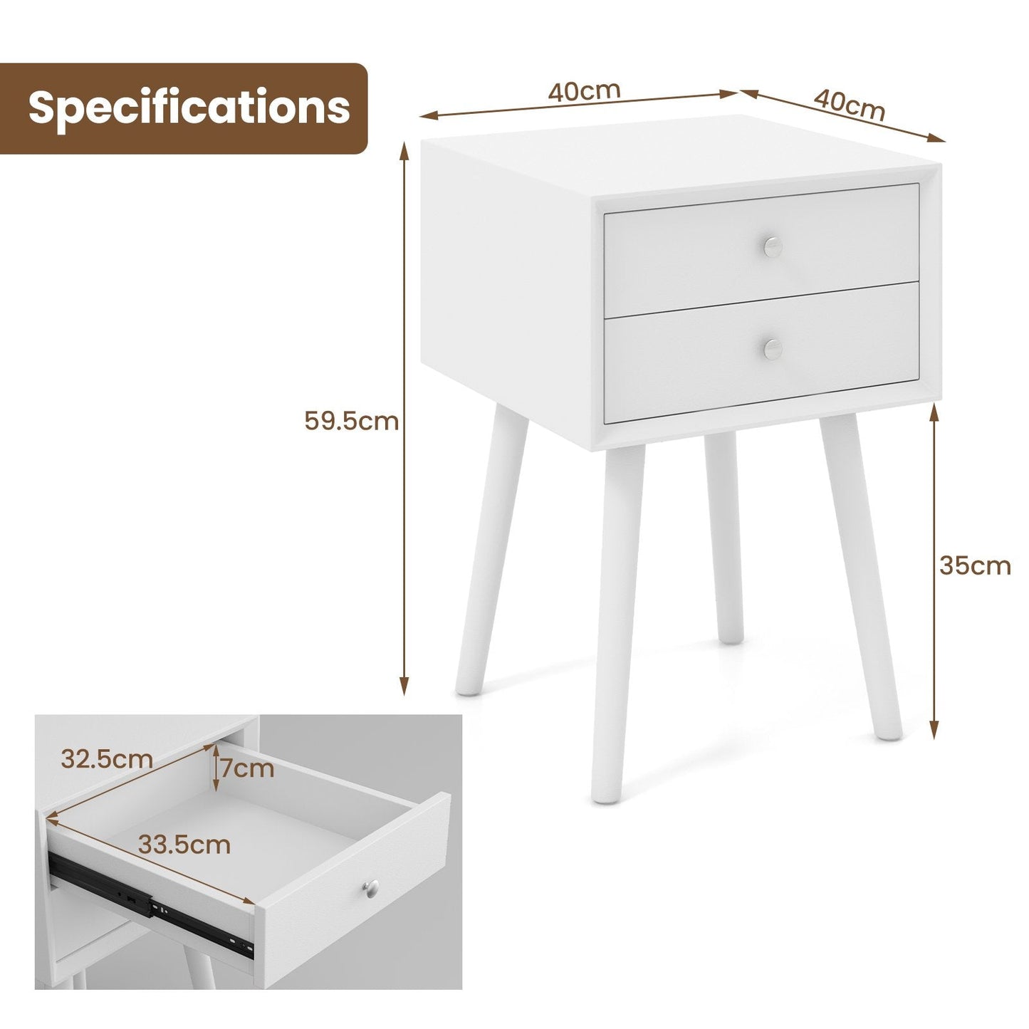 Wooden Nightstand with 2 Storage Drawers and Rubber Wood Legs-White