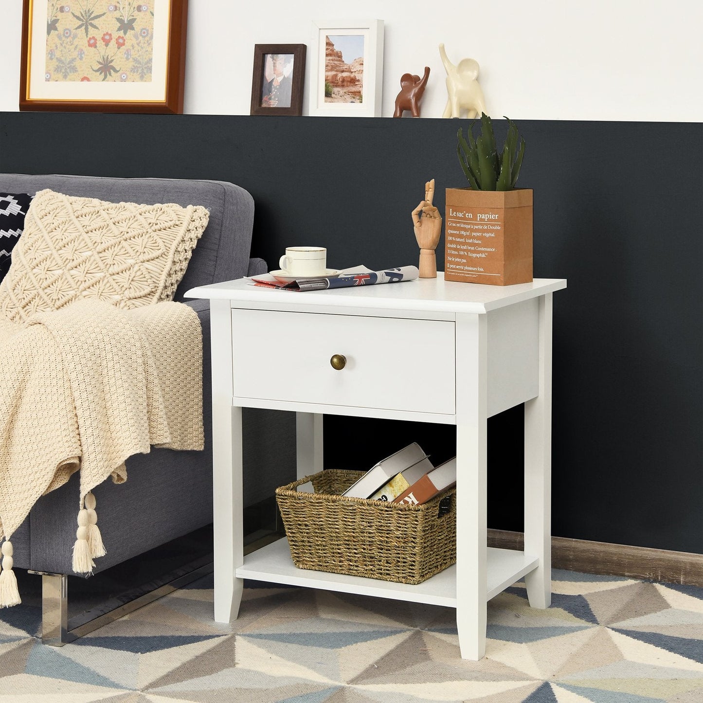 Bedside Table with Drawer and Storage Shelf-White