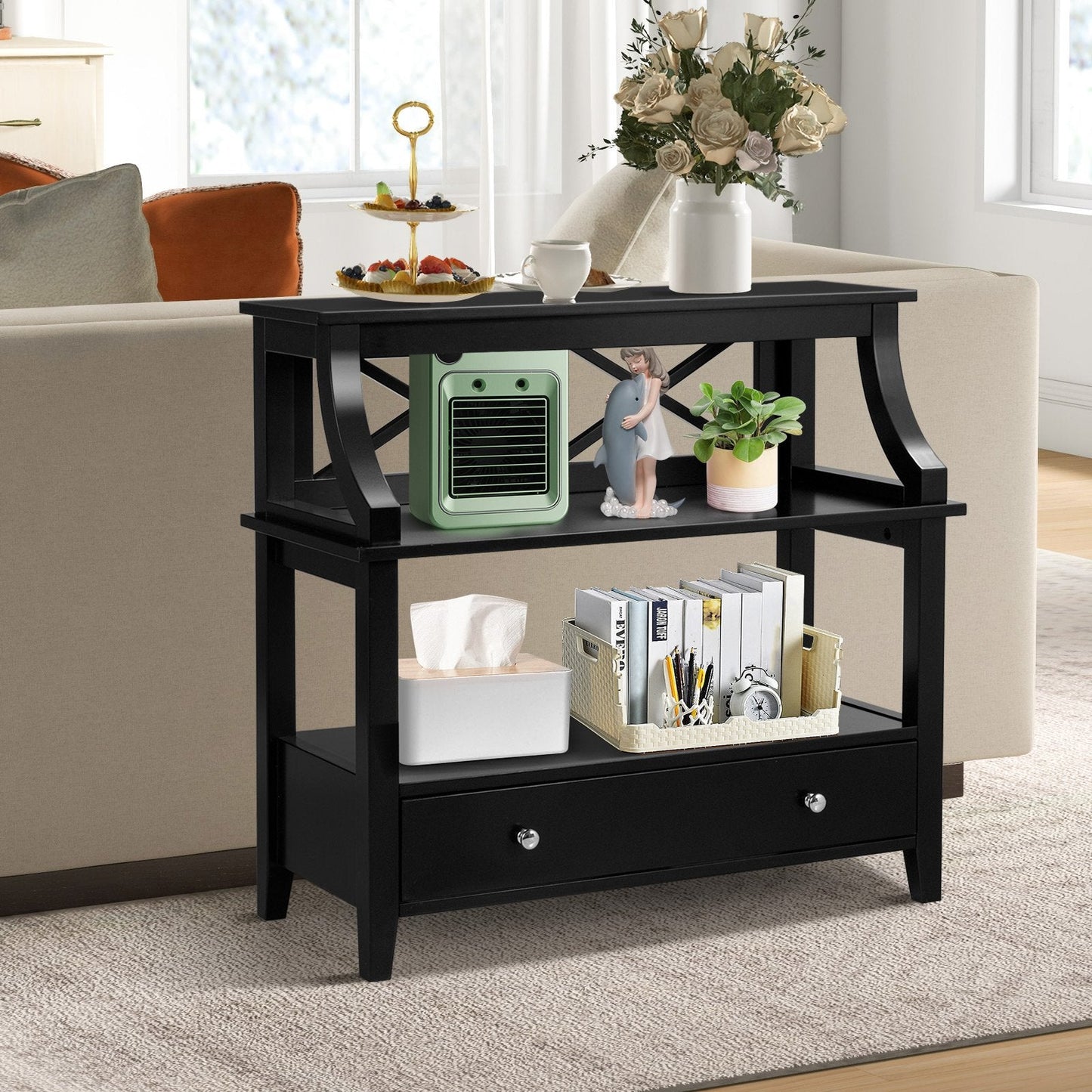 3 Tier Console Table with a Large Drawer for Living Room-Black