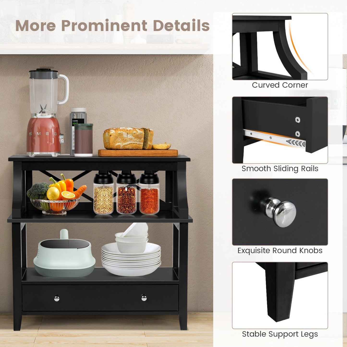 3 Tier Console Table with a Large Drawer for Living Room-Black