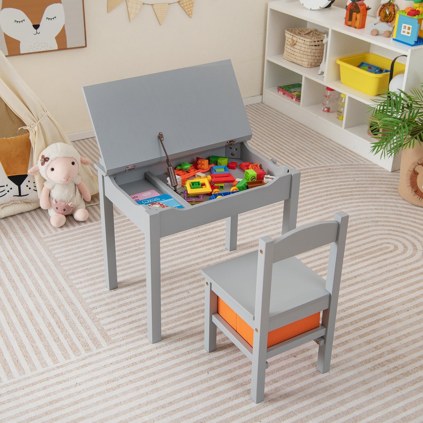 Kids Table and Chair Set with Hidden Space and Hook-Grey