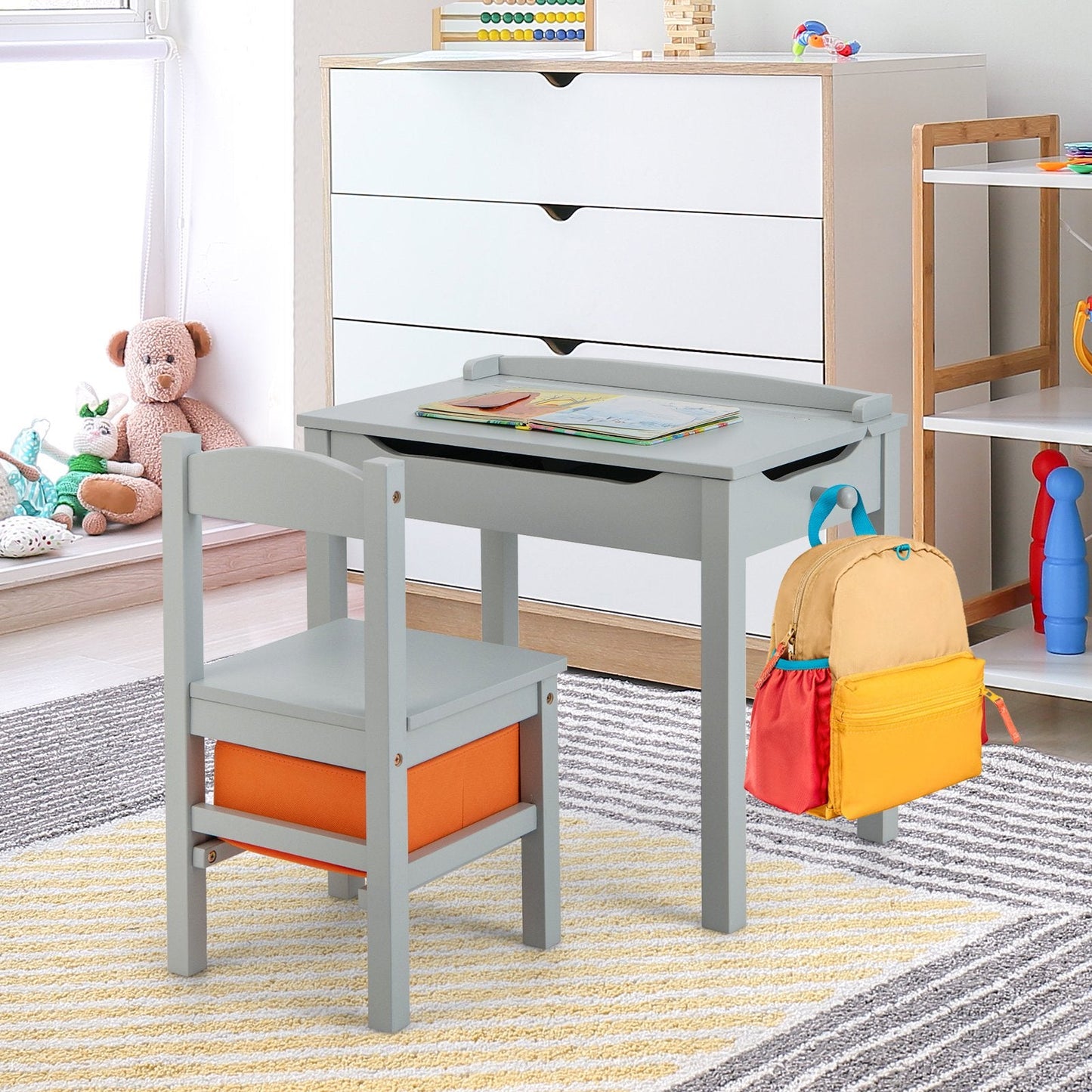 Kids Table and Chair Set with Hidden Space and Hook-Grey