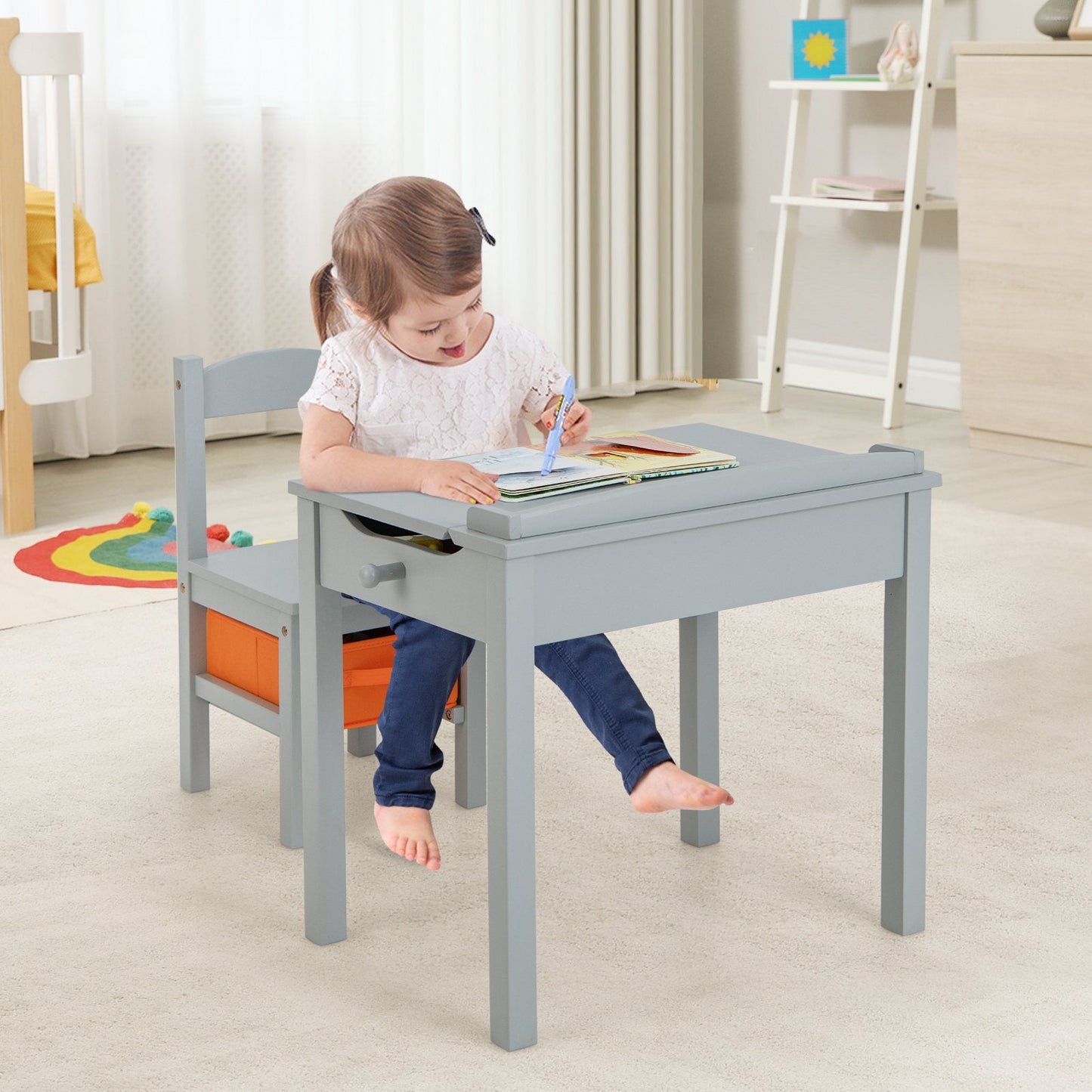 Kids Table and Chair Set with Hidden Space and Hook-Grey