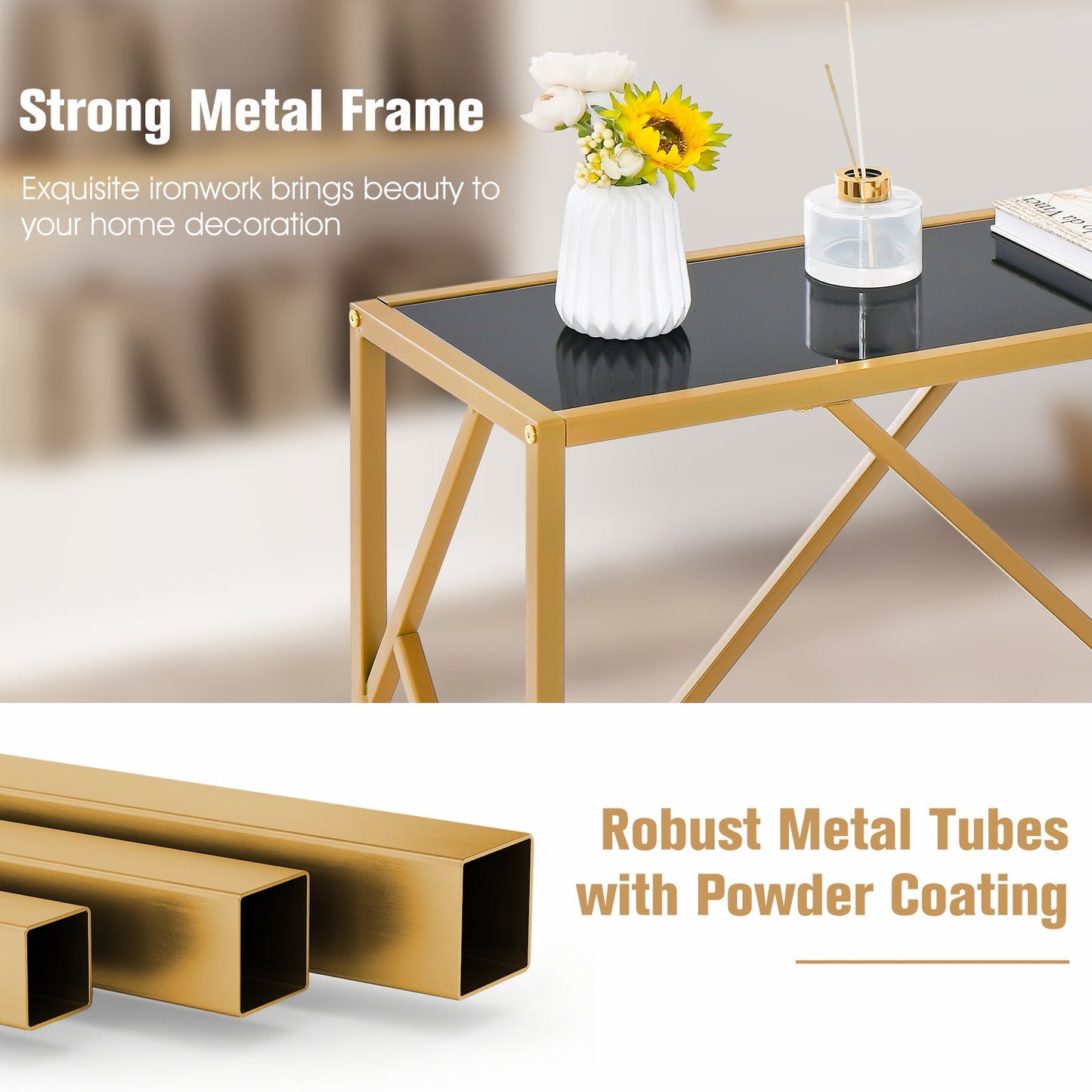 Home Console Table with Gold Finished Frame-Black