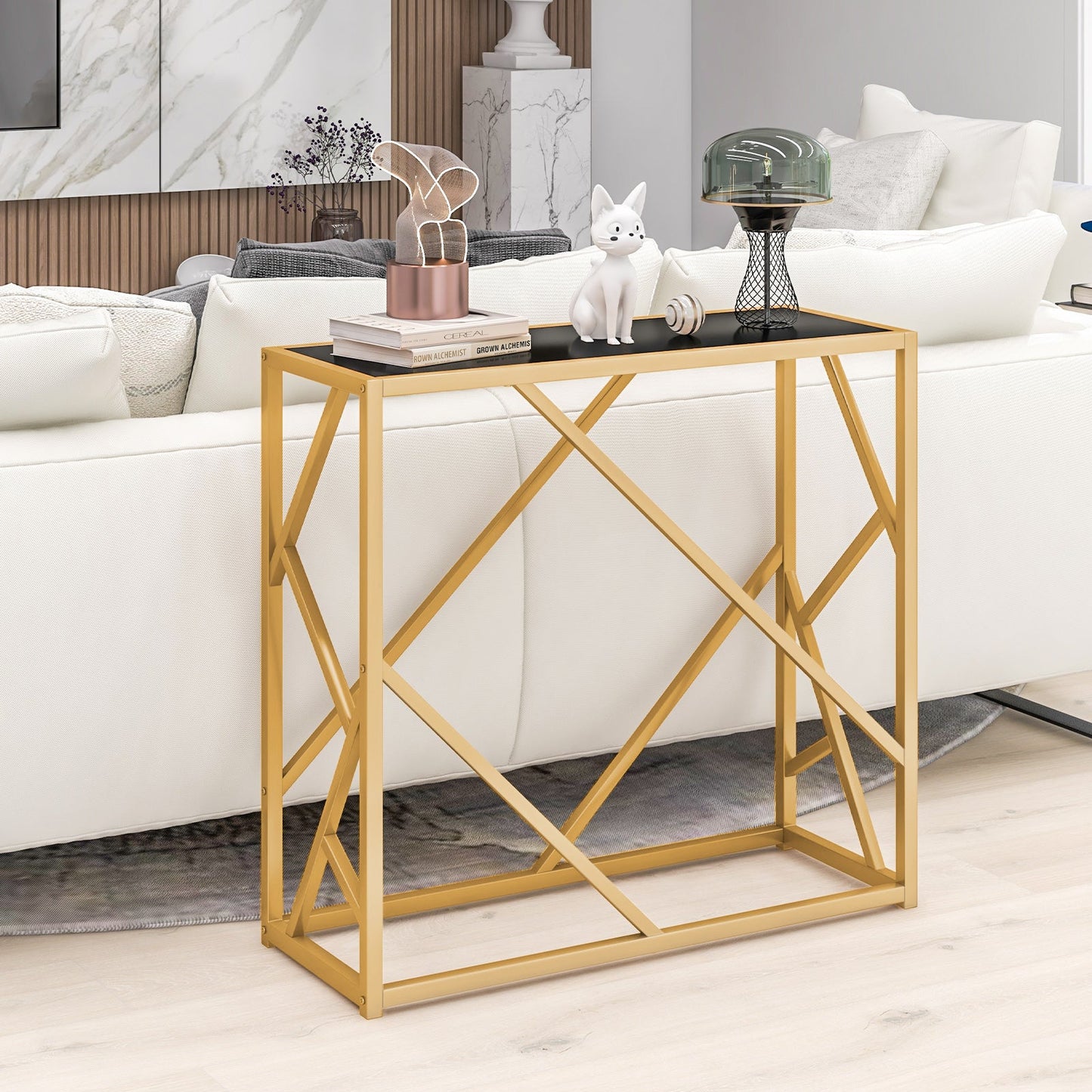 Home Console Table with Gold Finished Frame-Black
